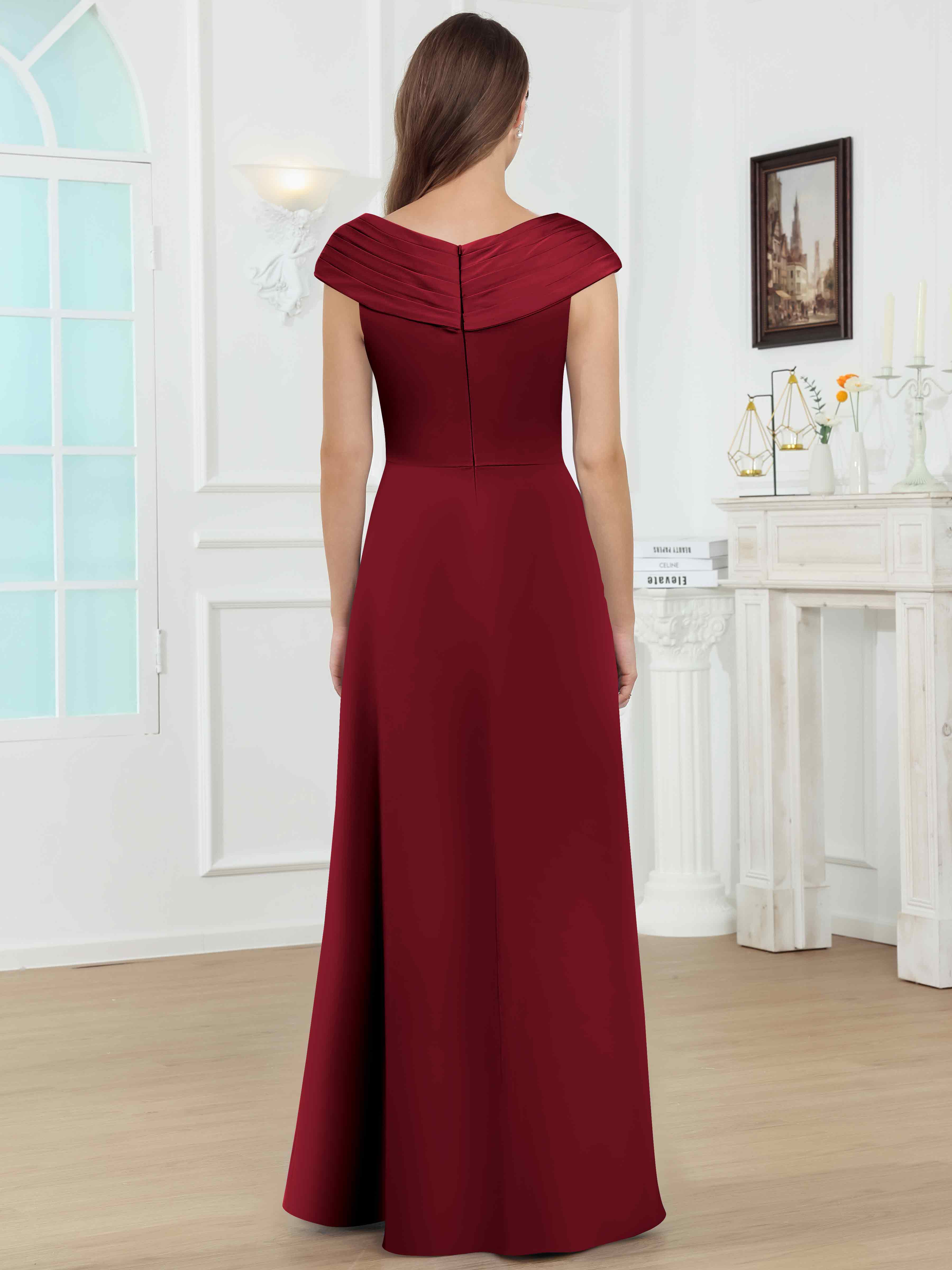 ROVDESY V-Neck Off The Shoulder Pleated Satin Mother Of The Bride Dress With Slit