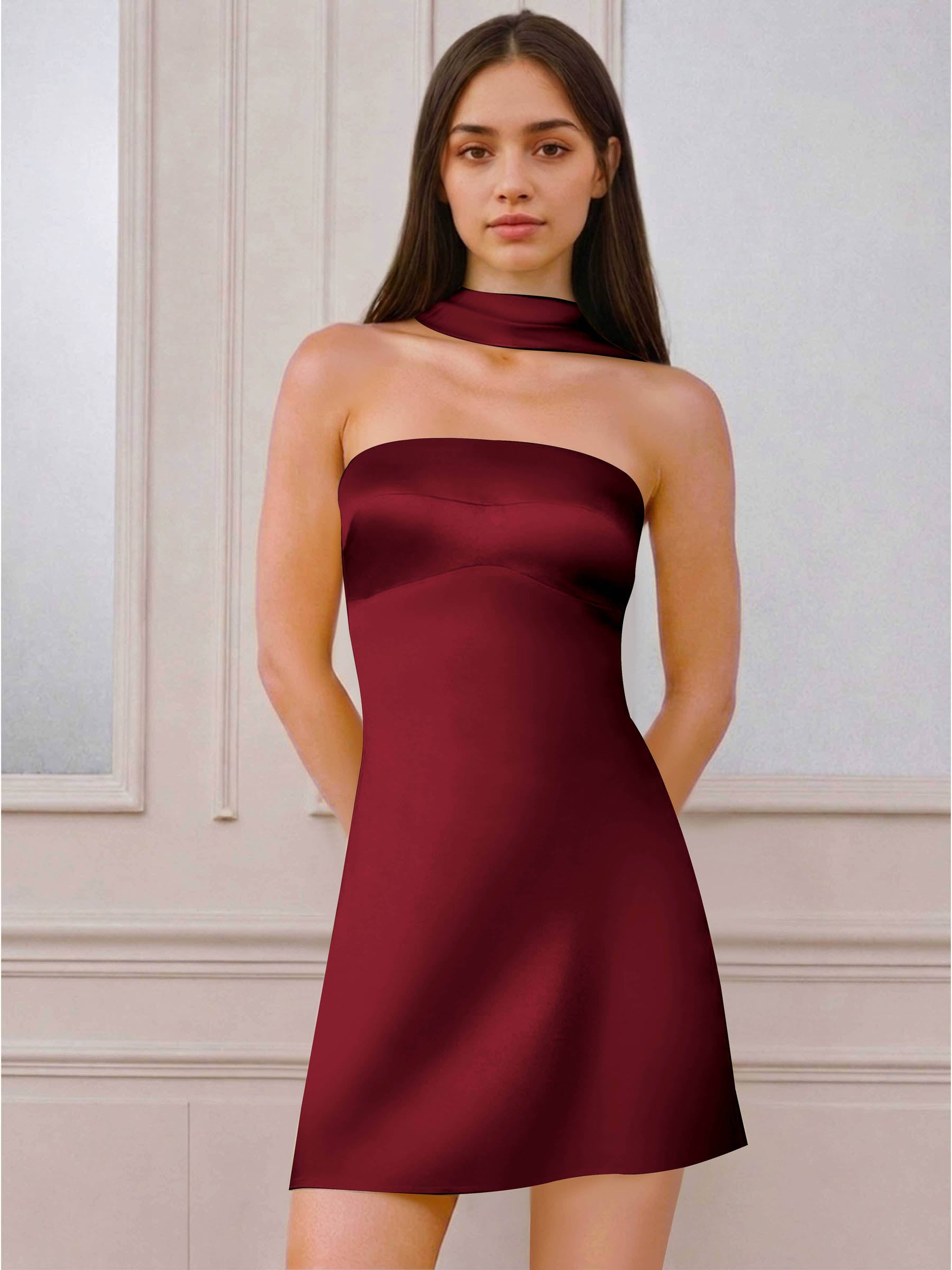 ROVDESY A-Line Halter Neck Satin Homecoming Mini Dress