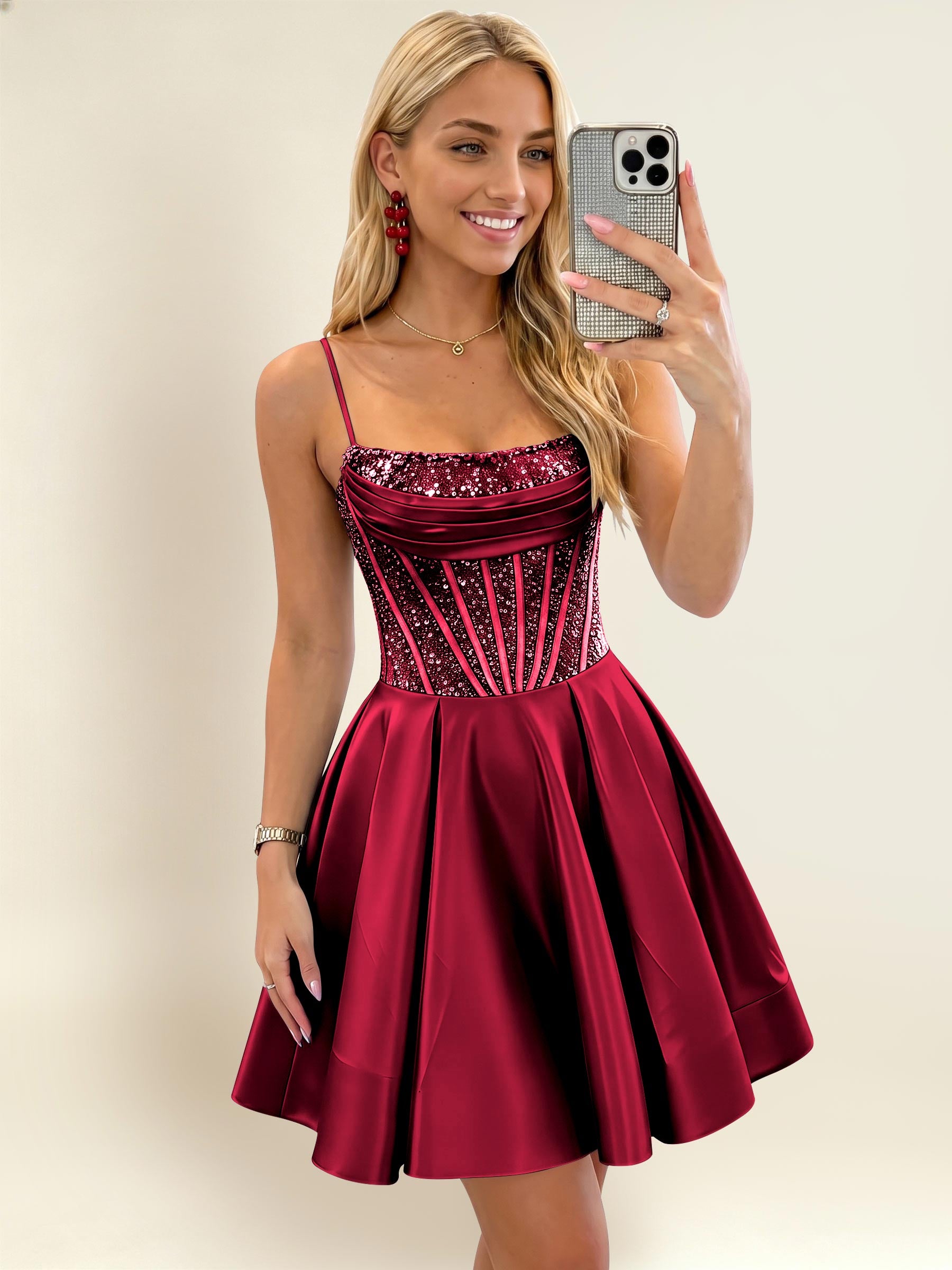 ROVDESY A-Line Spaghetti Strap Sequin Corset Satin Homecoming Mini Dress