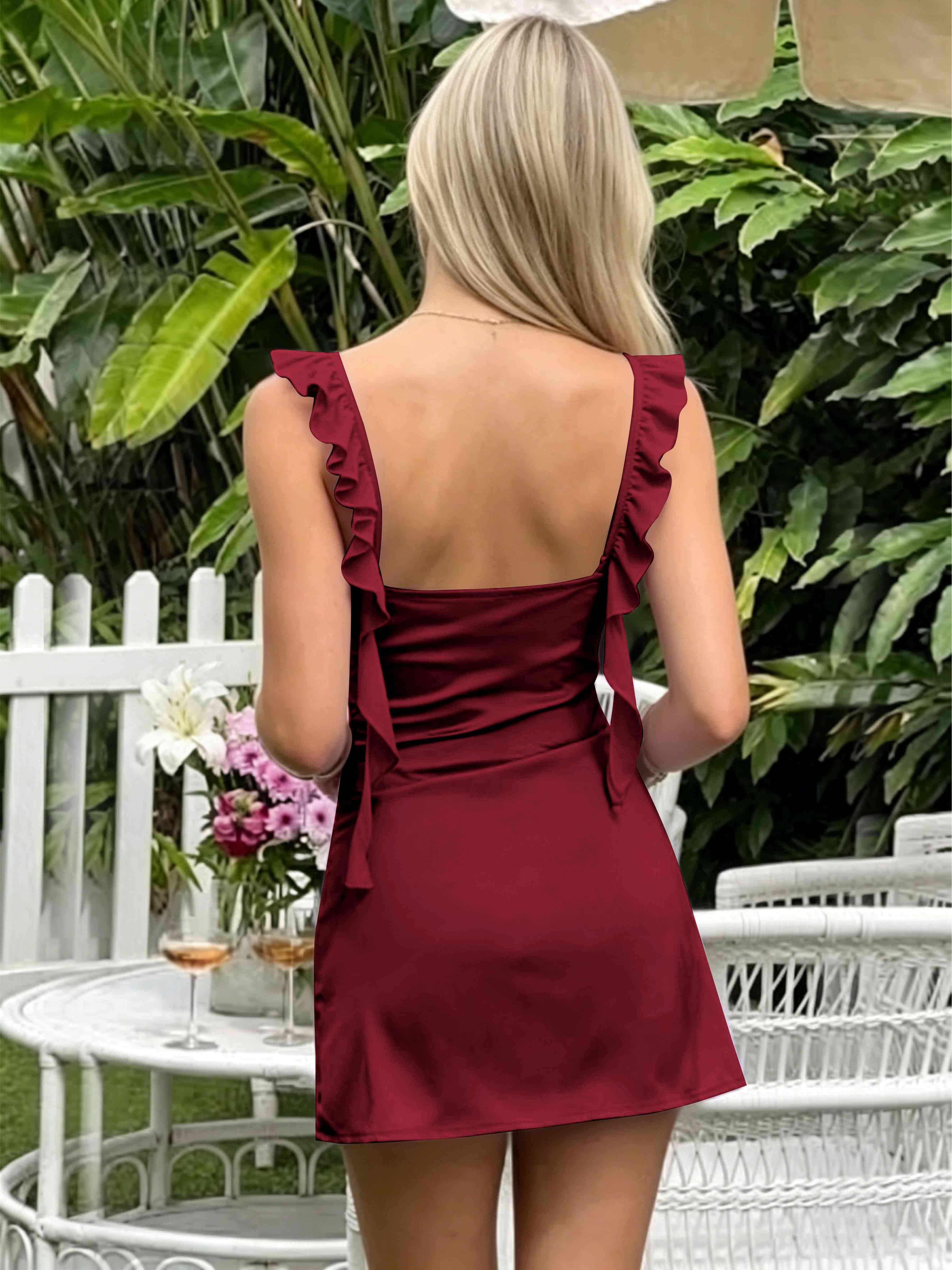 ROVDESY A-Line Ruffle Strap Satin Homecoming Mini Dress