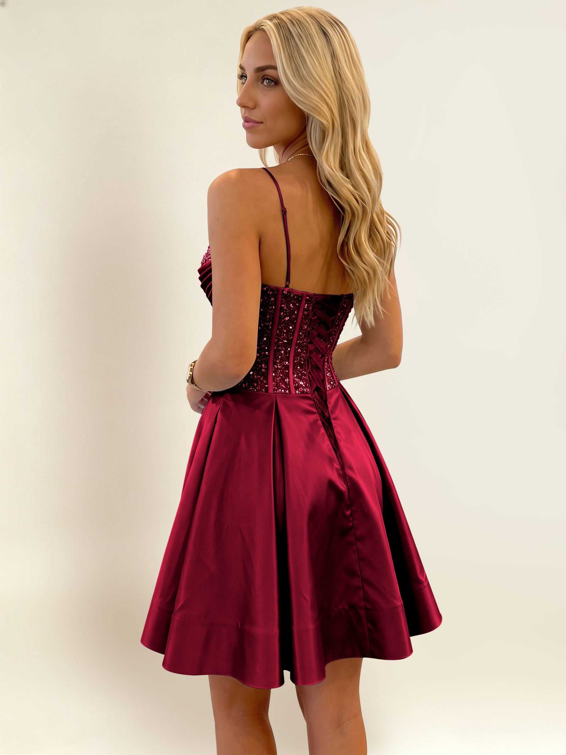 ROVDESY A-Line Spaghetti Strap Sequin Corset Satin Homecoming Mini Dress