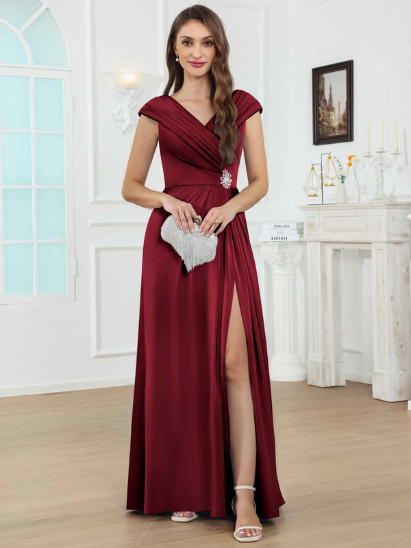 V-Neck Off The Shoulder Pleated Satin Mother Of The Bride Dress With Slit