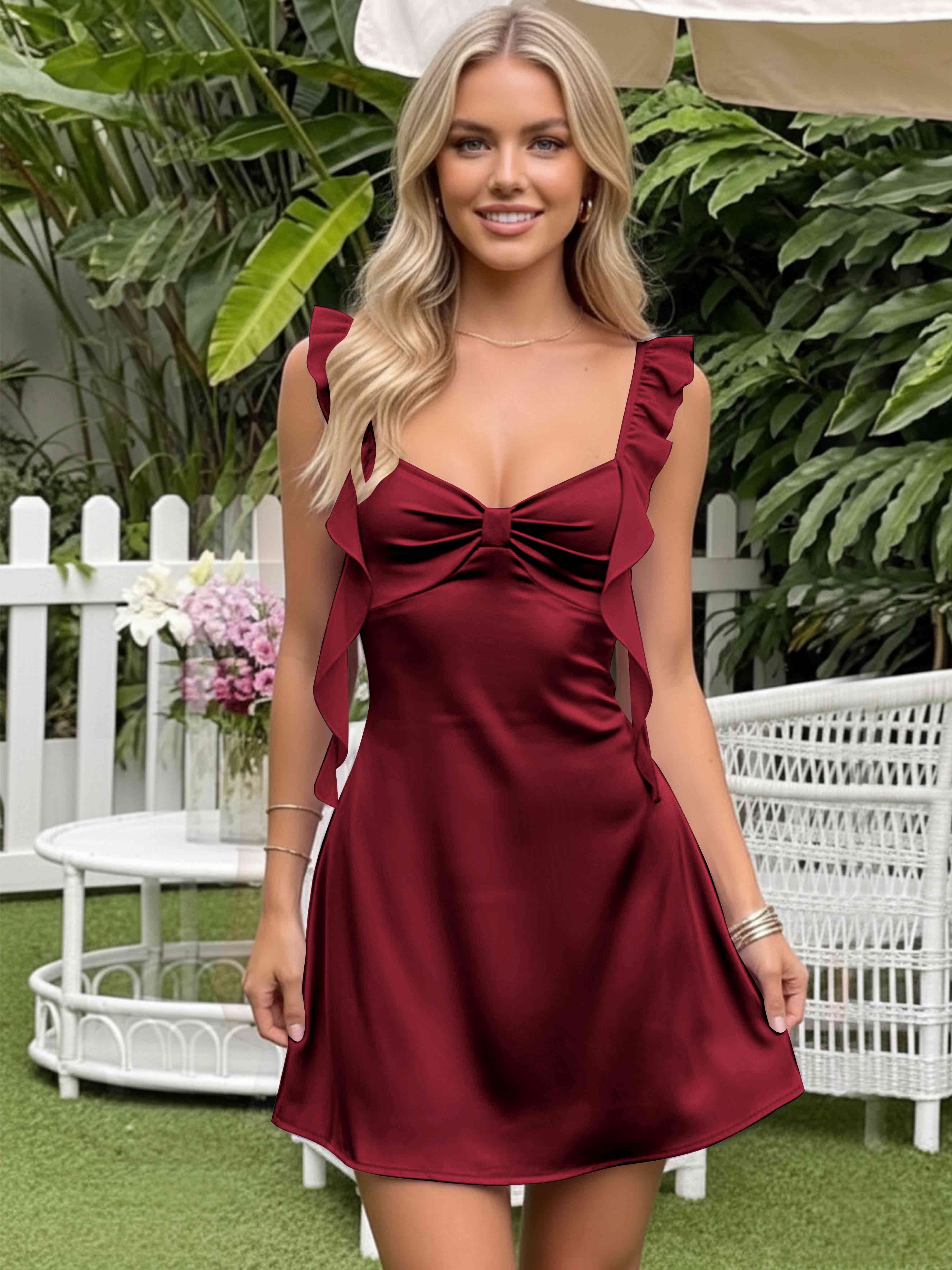 ROVDESY A-Line Ruffle Strap Satin Homecoming Mini Dress
