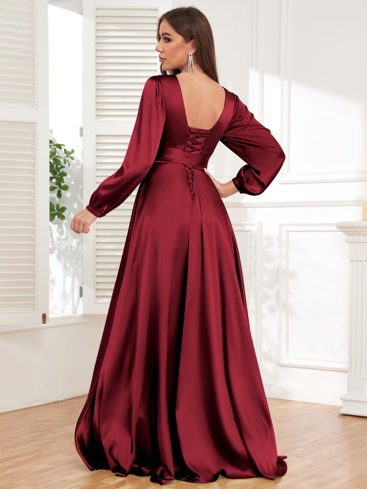 V Neck Satin Long Sleeve Bridesmaid Dress with Slit