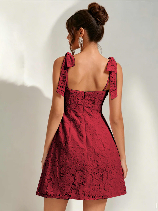 Bow Tie Spaghetti Strap A-Line  Floral Lace Mini Dress