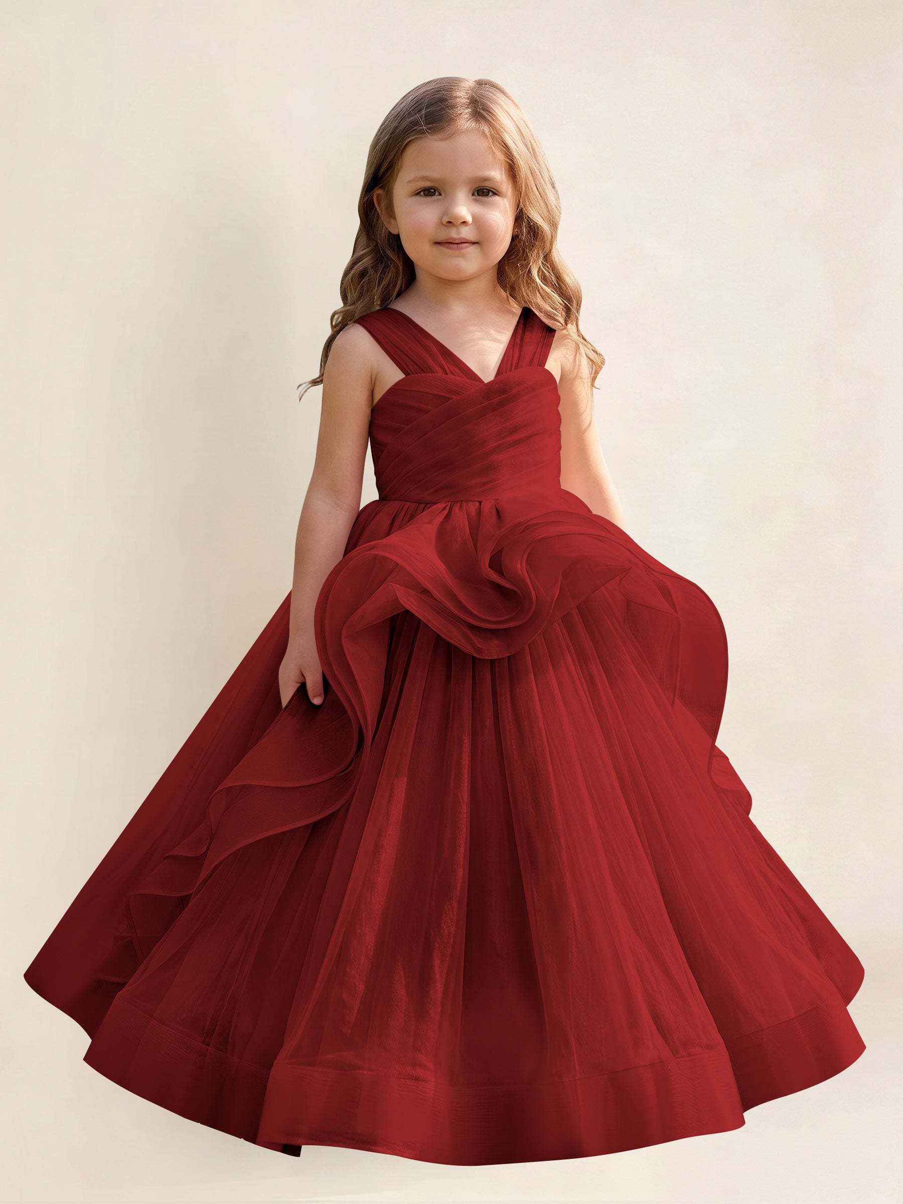 ROVDESY A-Line V-Neck Tulle Flower Girl Dress With Sleeveless Long Ball Gown Dress