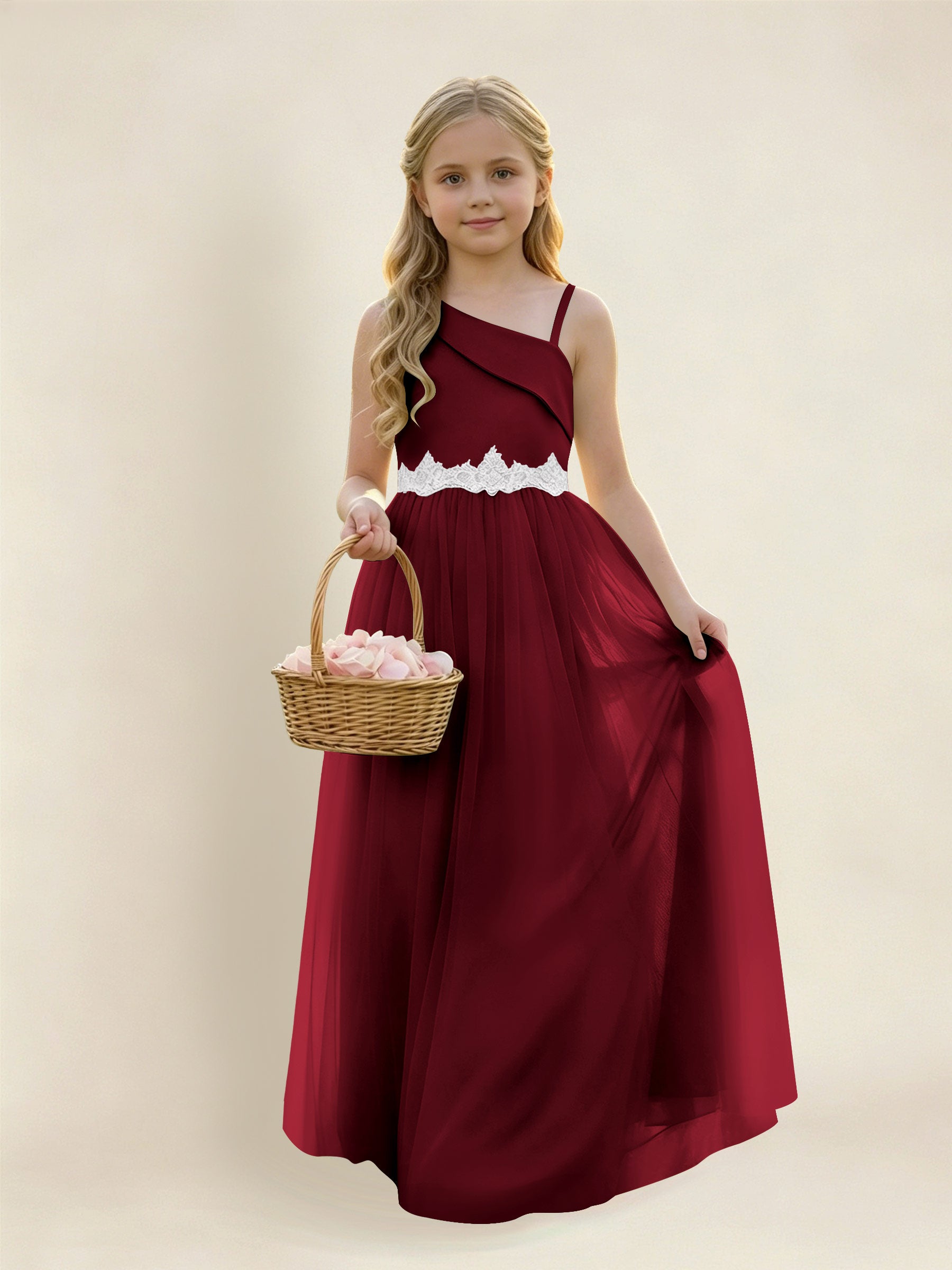 ROVDESY Asymmetric One Shoulder  Satin  Tulle Junior Bridesmaid Dress