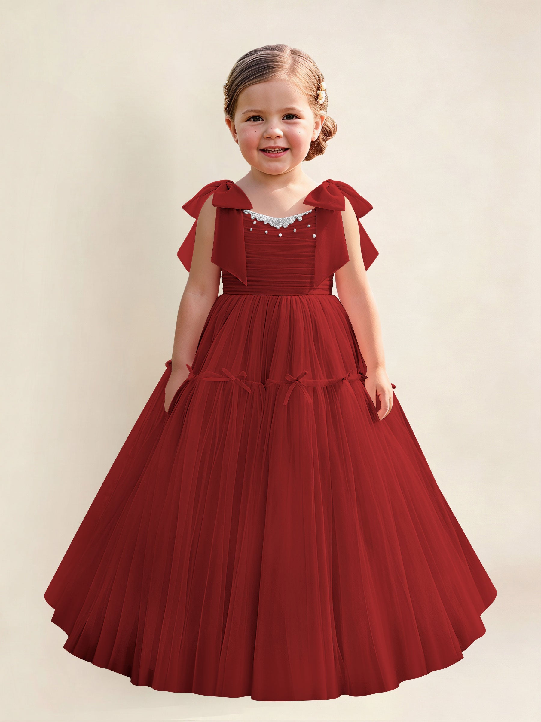 ROVDESY A-Line Tulle Flower Girl Dress With Bow Long Ball Gown Dress