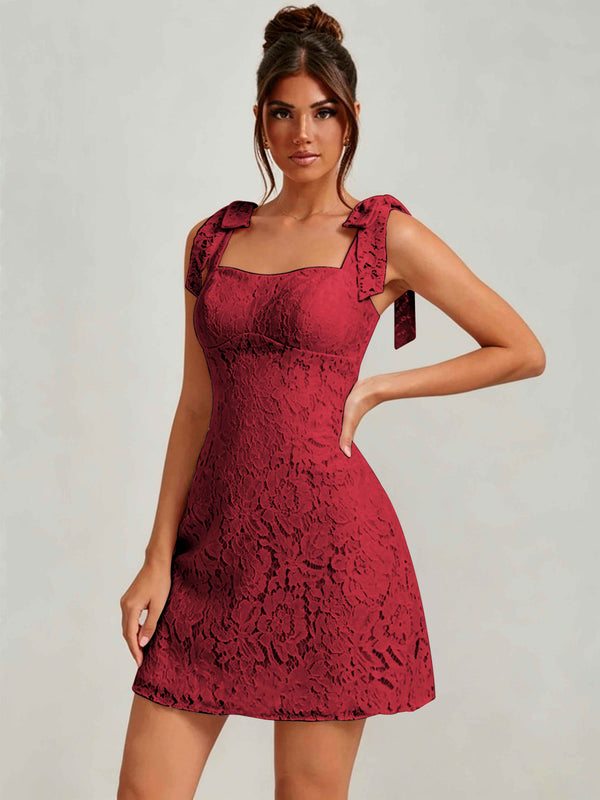 Bow Tie Spaghetti Strap A-Line  Floral Lace Mini Dress