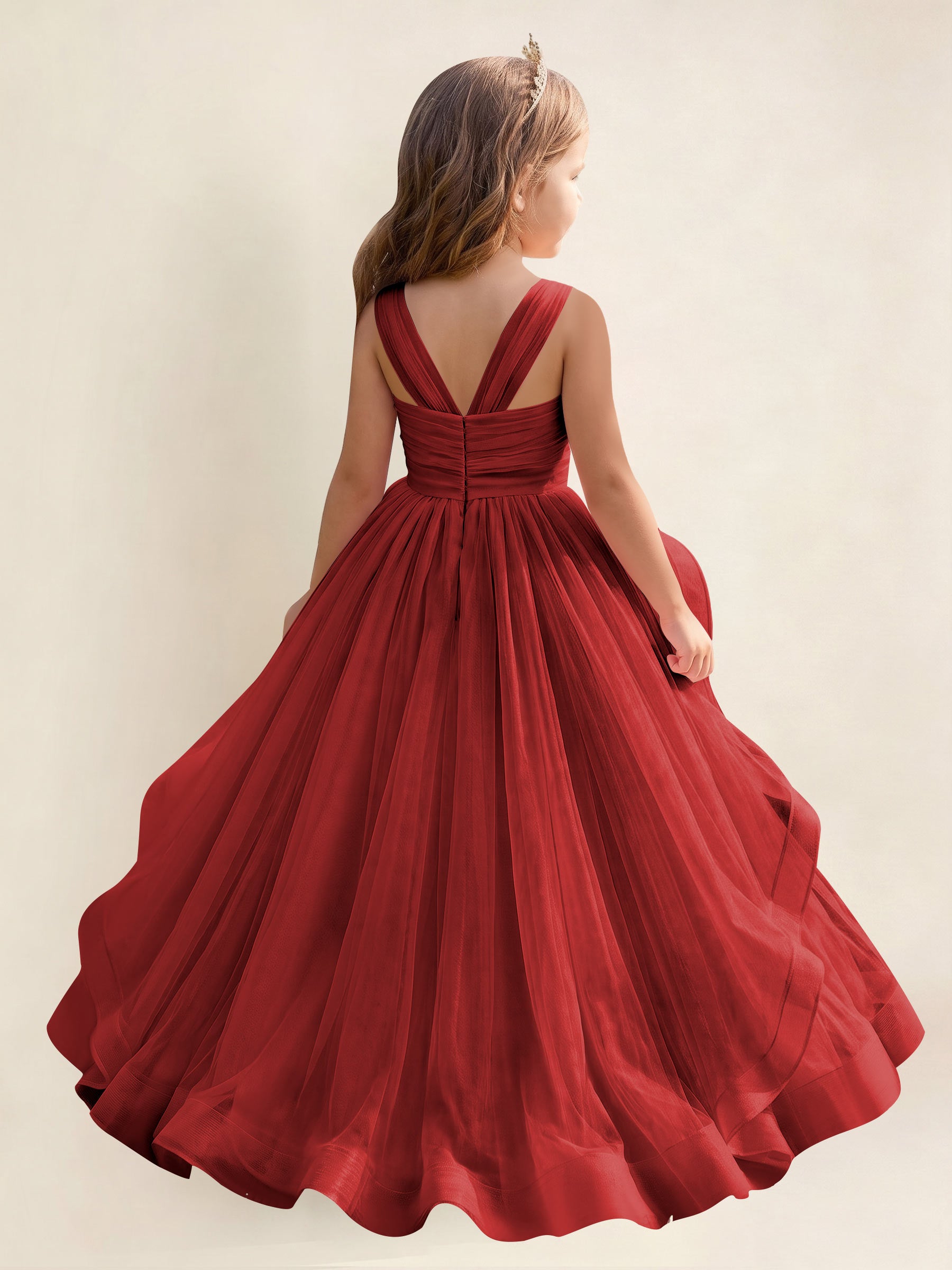 ROVDESY A-Line V-Neck Tulle Flower Girl Dress With Sleeveless Long Ball Gown Dress