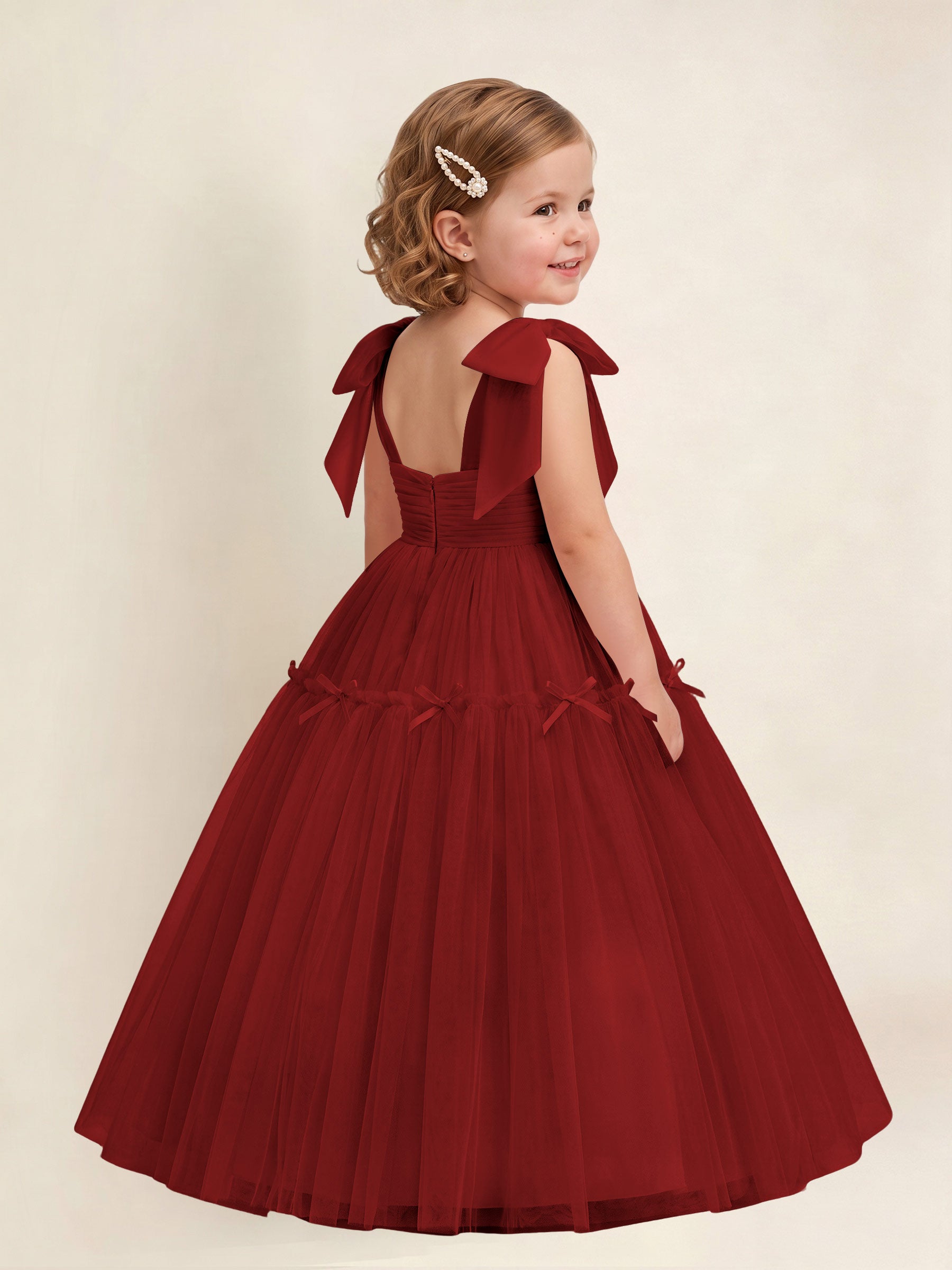 ROVDESY A-Line Tulle Flower Girl Dress With Bow Long Ball Gown Dress