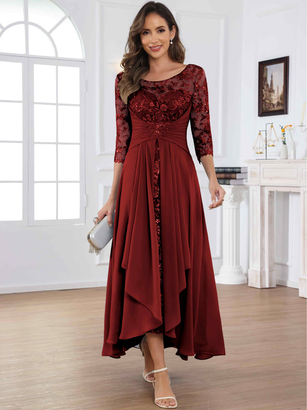 Tea Length Lace Chiffon Mother of The Bride Dress with 3/4 Sleeves