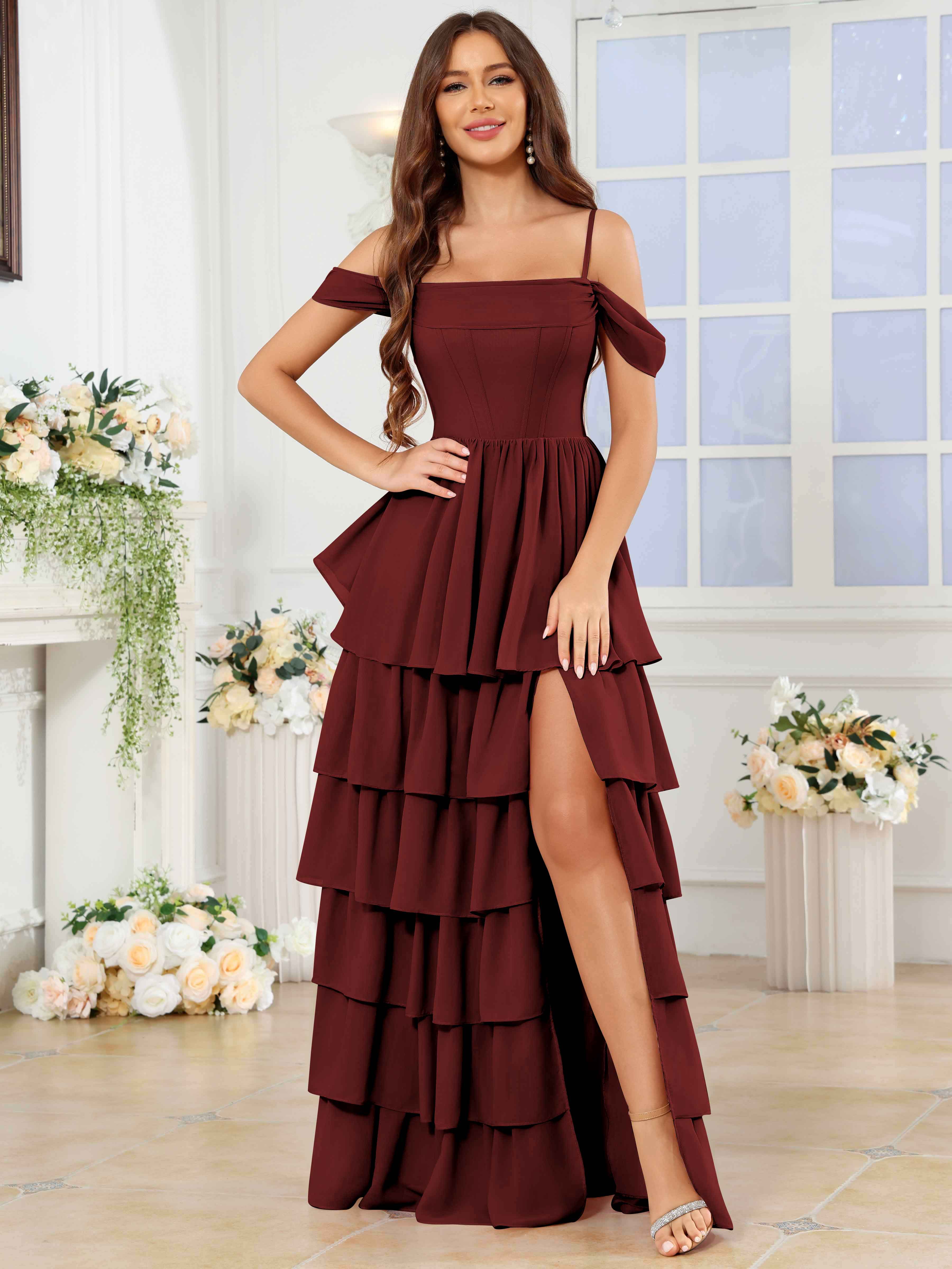 ROVDESY A-Line Off The Shoulder Tiered Chiffon Bridesmaid/Prom Dress With Slit