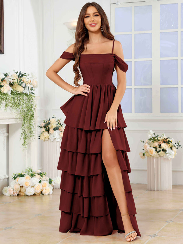 A-Line Off The Shoulder Tiered Chiffon Bridesmaid/Prom Dress With Slit