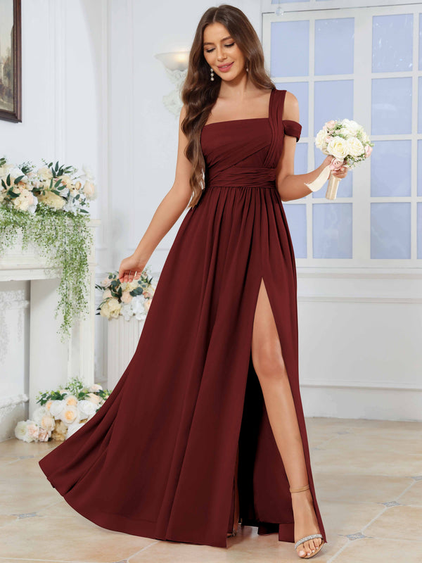 One Shoulder Pleated Chiffon Bridesmaid Dress With Slit