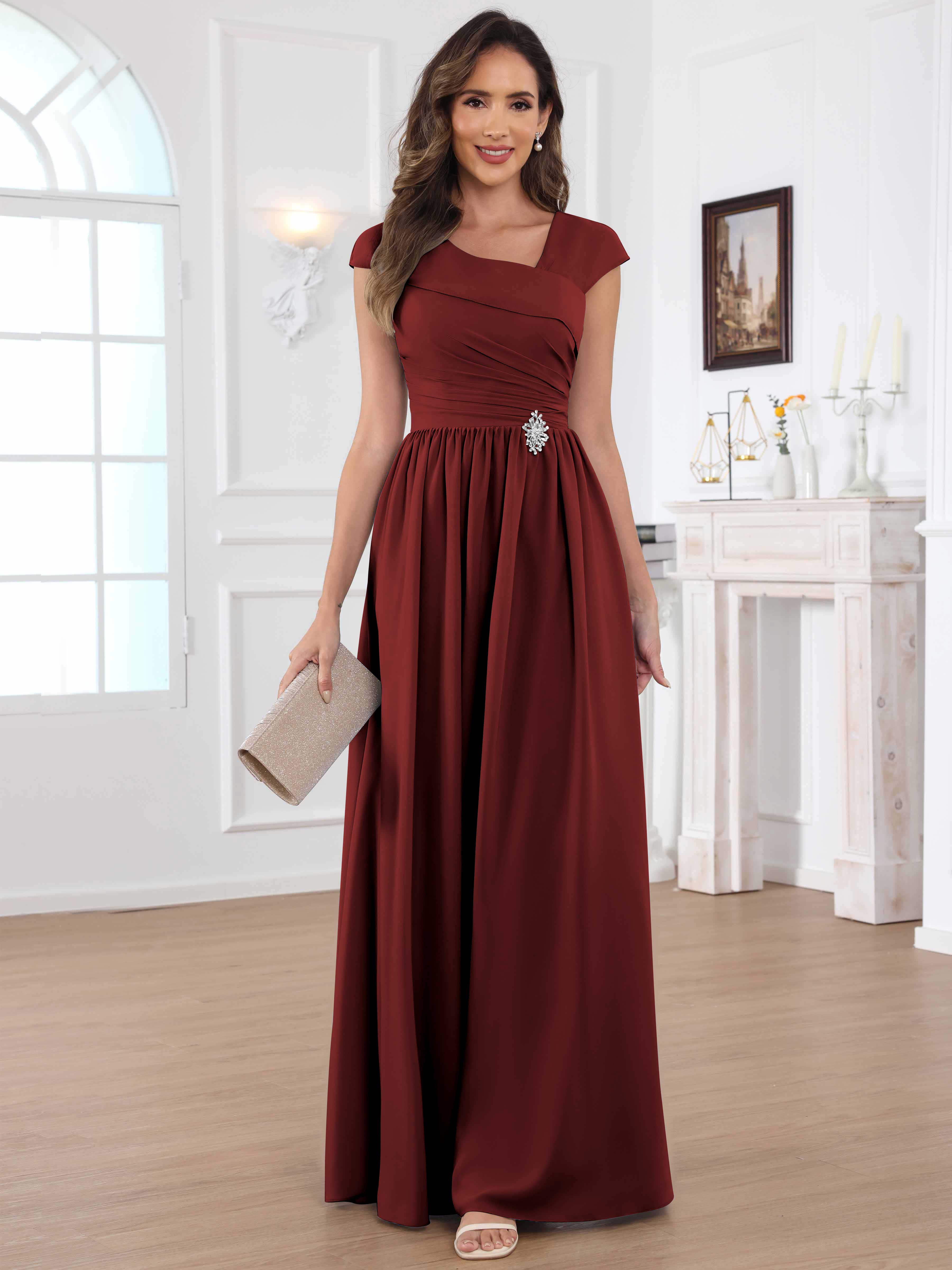 ROVDESY A-Line Cap Sleeves Pleated Chiffon Mother Of The Bride Dress