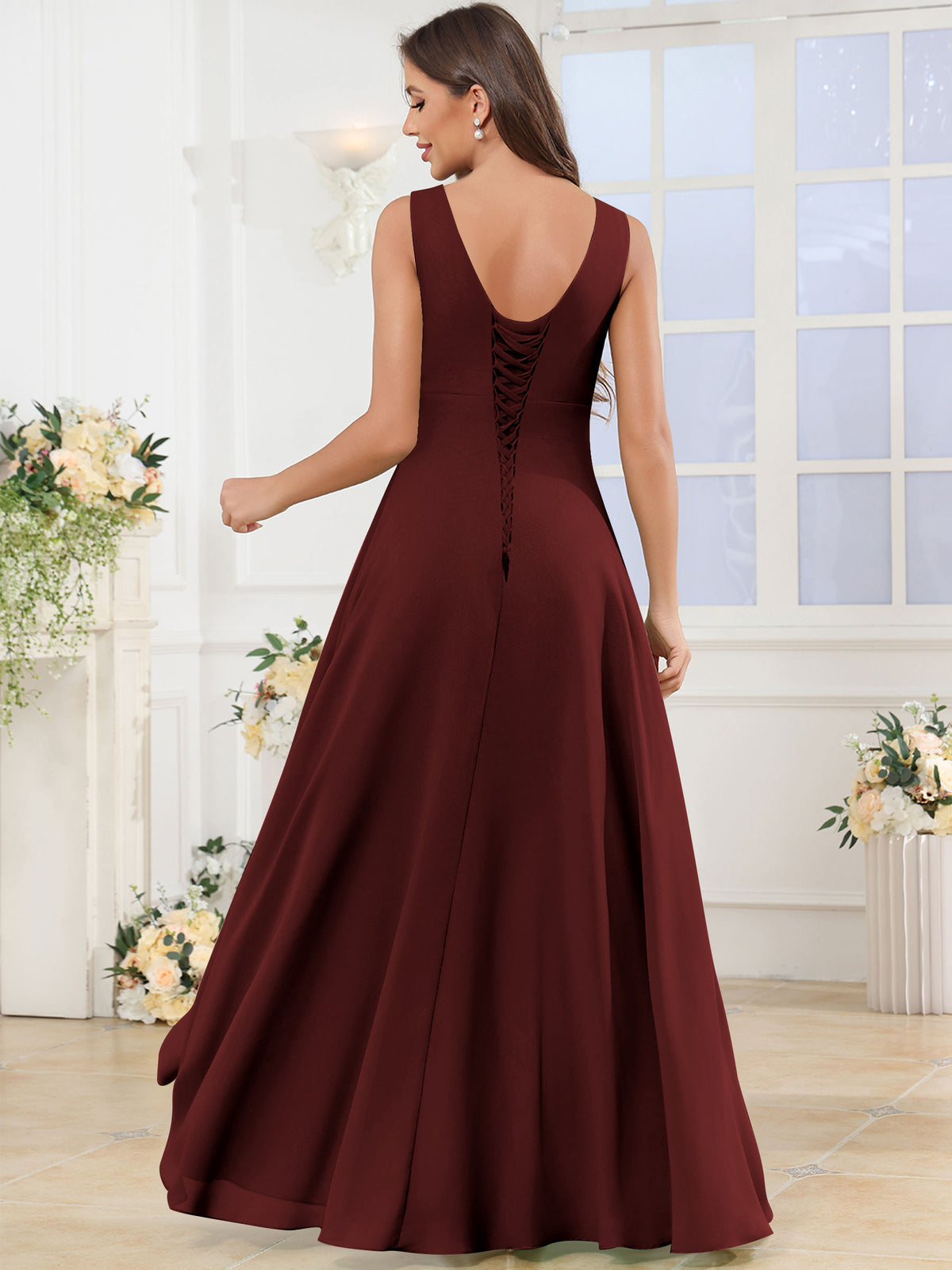 V Neck Chiffon A Line Ruffle Bridesmaid Dress with Slit