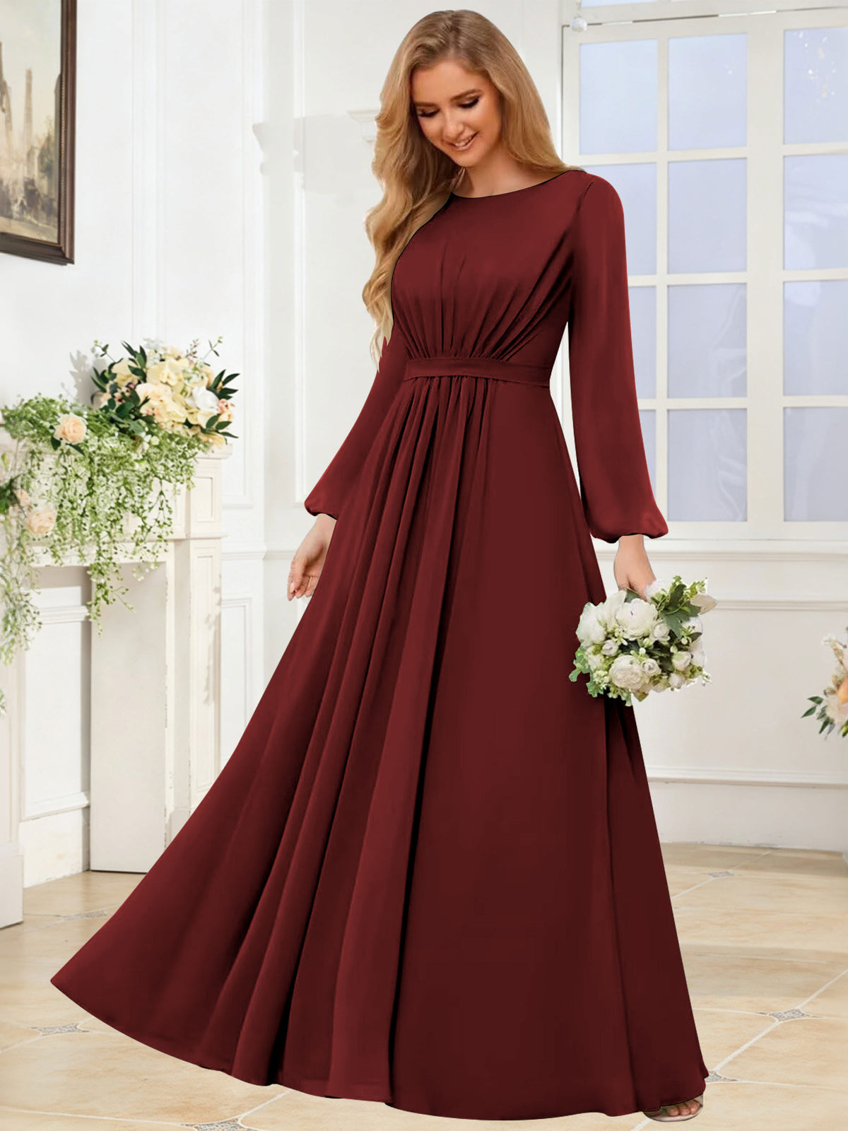 A-Line Chiffon Long Sleeve Bridesmaid Dress