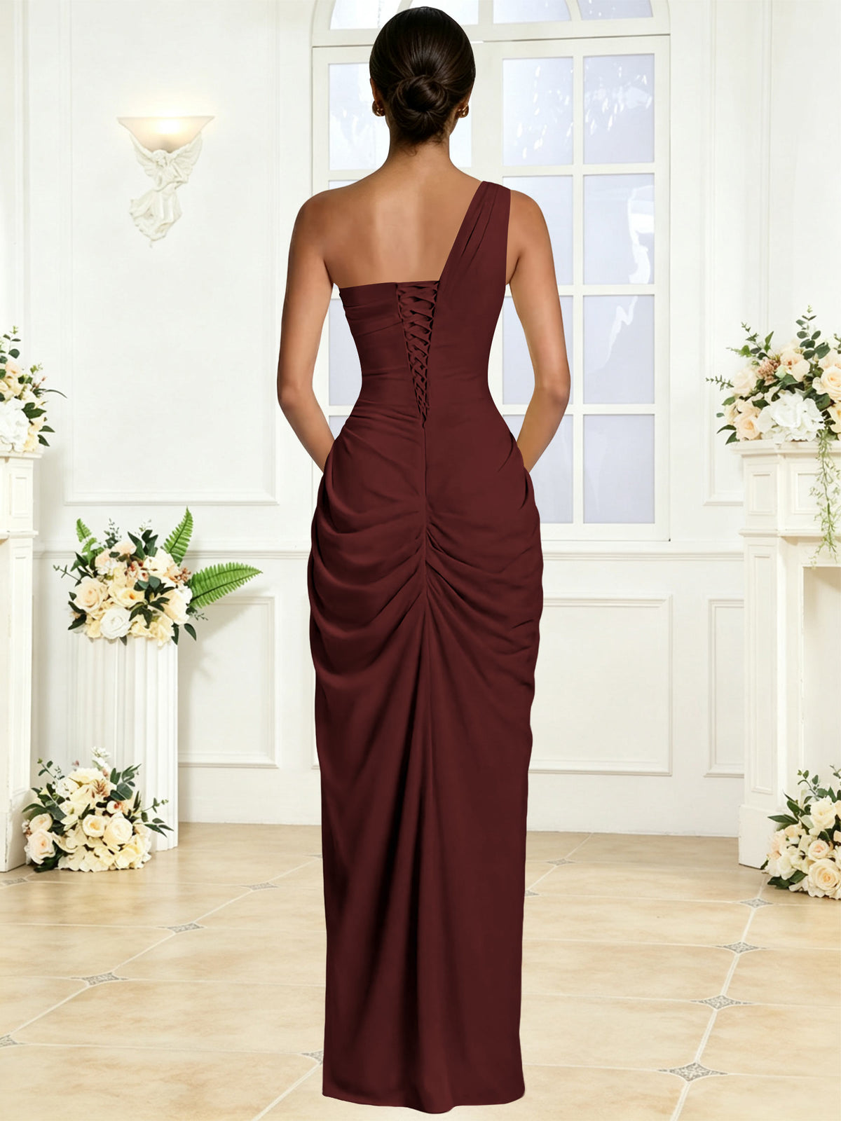 One Shoulder Chiffon Mermaid Long Bridesmaid Dress with Slit