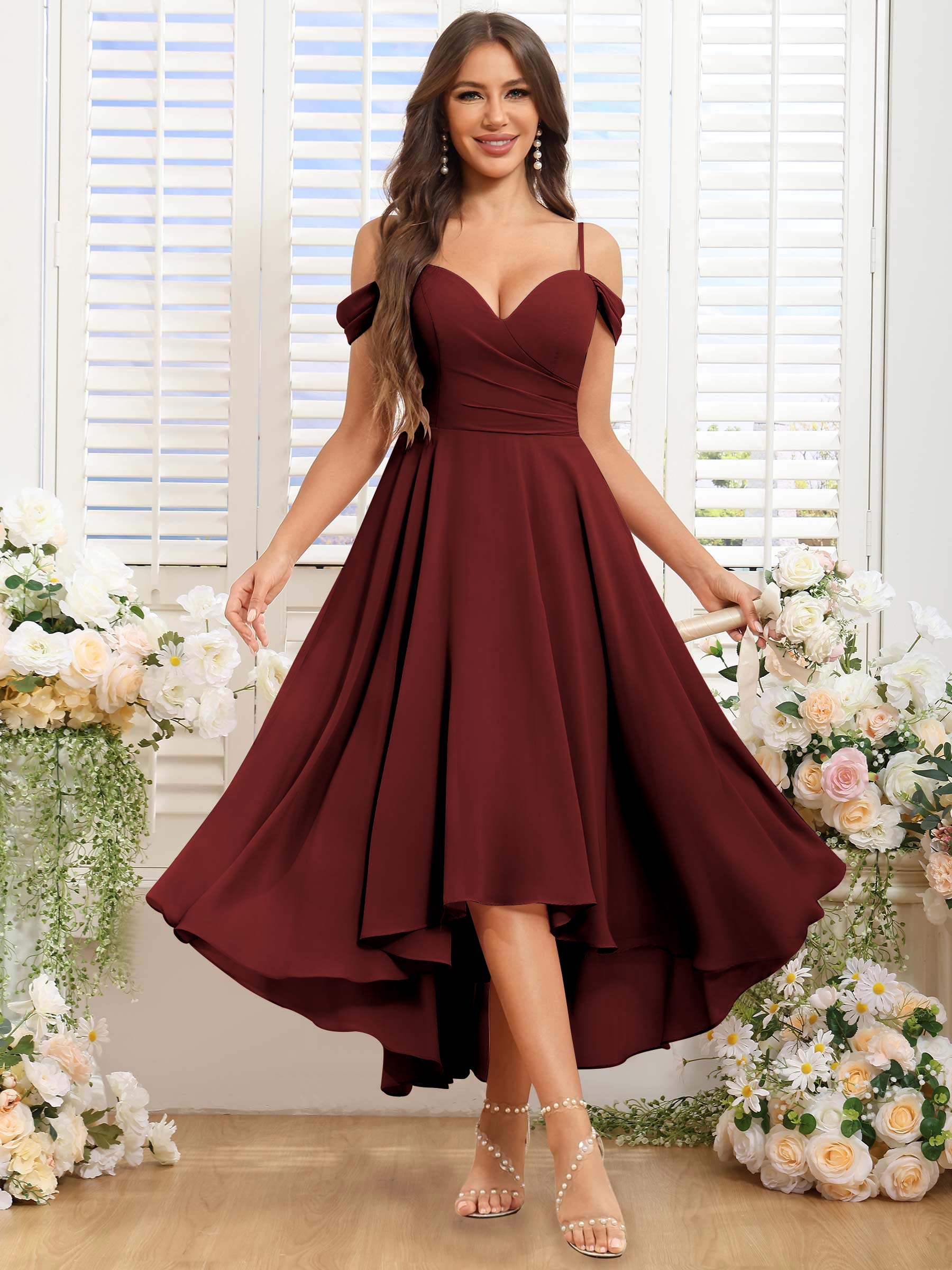 ROVDESY ROVDESY Short Cold Shoulder Sweetheart High Low Pleated Chiffon Bridesmaid Dress
