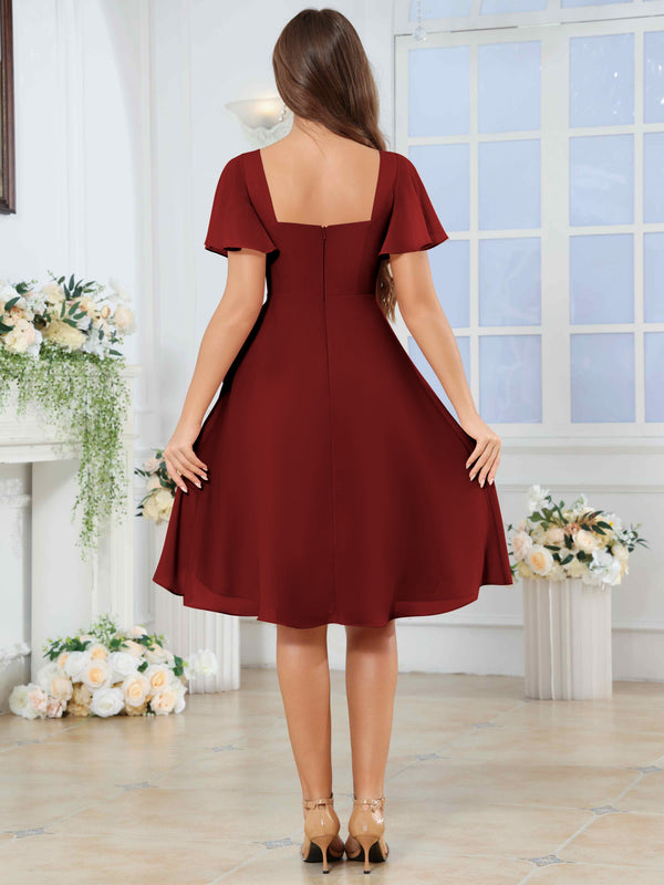 Knee Length V-Neck Pleated Chiffon Bridesmaid Dress With Short Sleeves