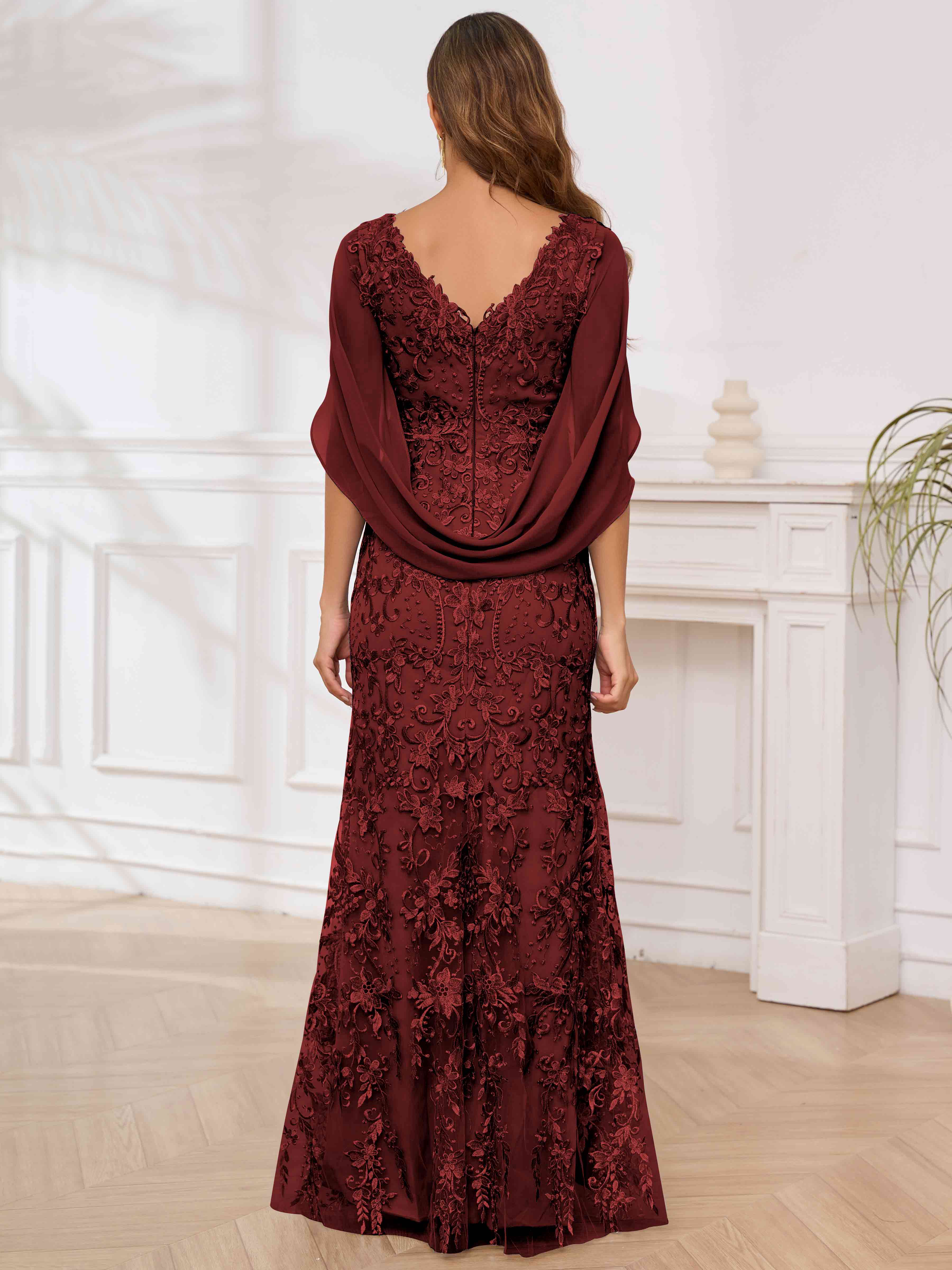 ROVDESY V-Neck Lace Mermaid Mother Of The Bride Dress With Cape Sleeves Long Formal Gown