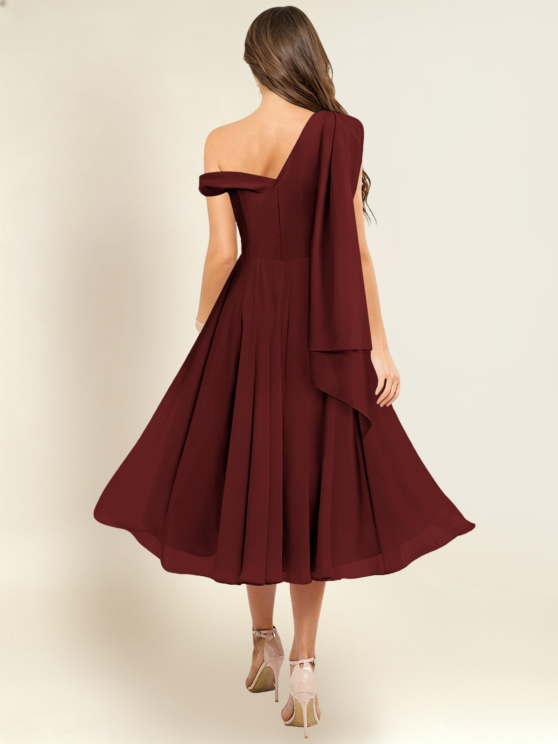 ROVDESY A-Line One Shoulder Pleated Chiffon Bridesmaid Dress With Flowing Sash