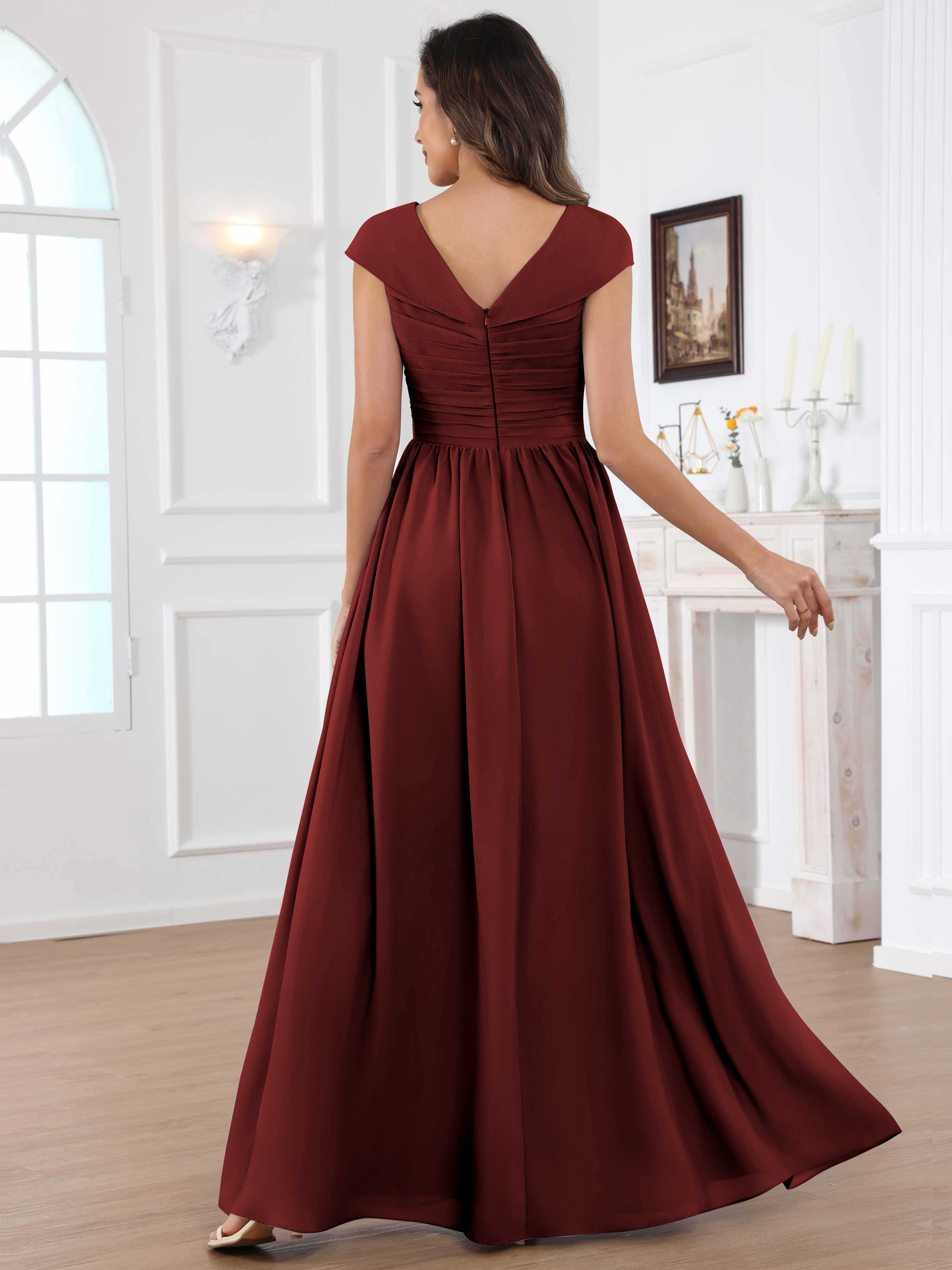 ROVDESY A-Line Cap Sleeves Pleated Chiffon Mother Of The Bride Dress