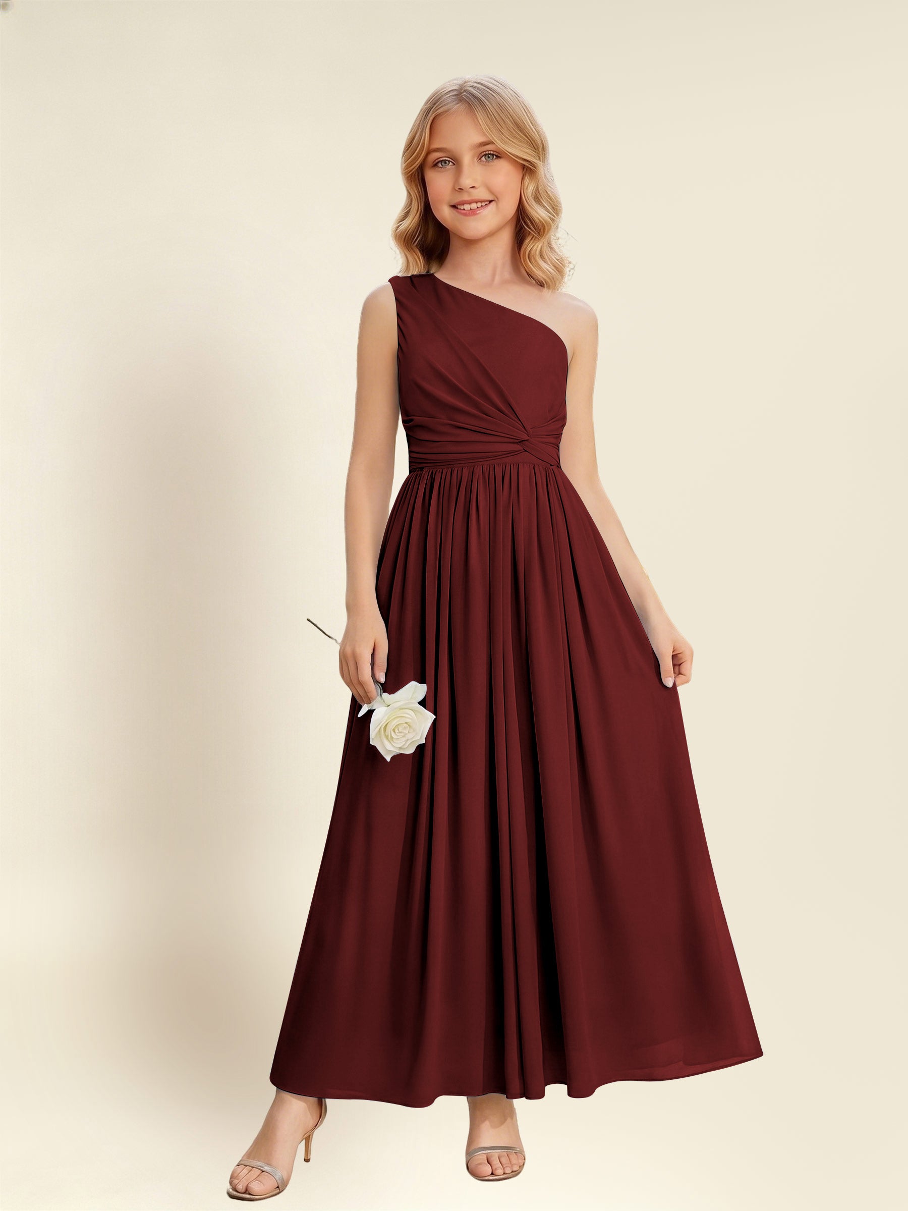 ROVDESY One Shoulder Twist Waist Chiffon Junior Bridesmaid Maxi Dress