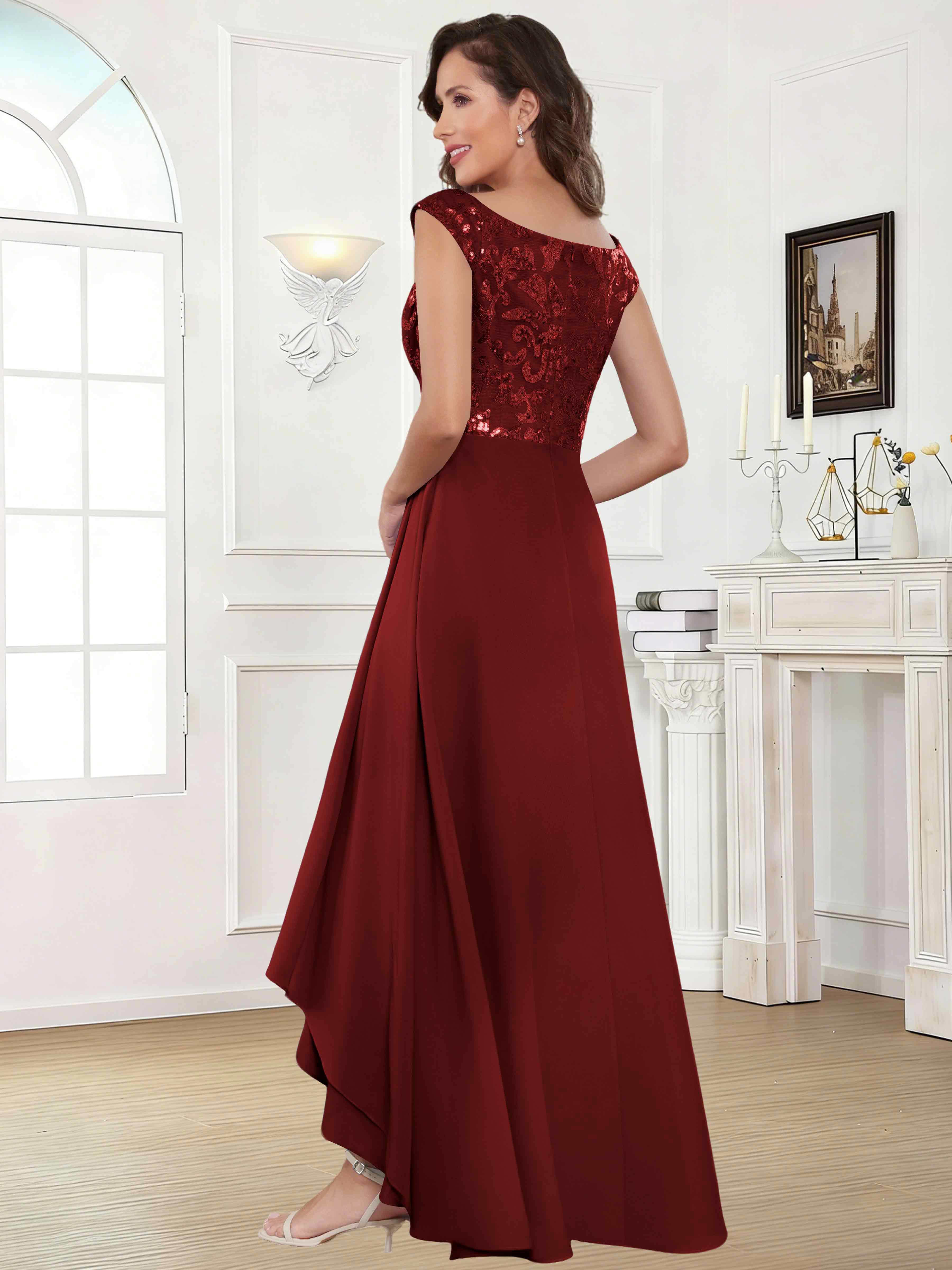 ROVDESY Tea Length Off-The-Shoulder Sequin Chiffon Mother Of The Bride Dress