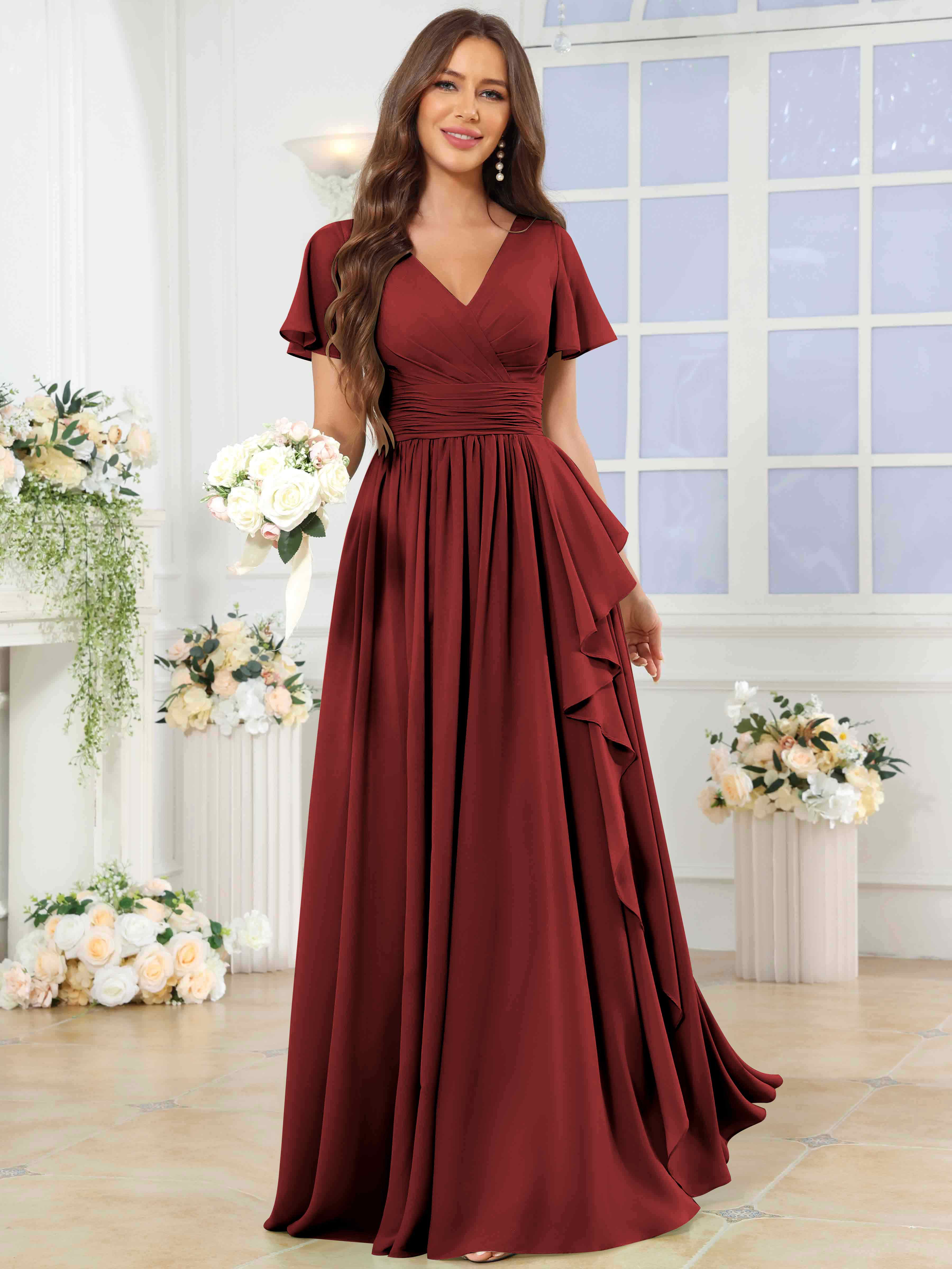 ROVDESY A-Line V-Neck Slit Pleated Ruffle Chiffon Bridesmaid Dress With Short Sleeves