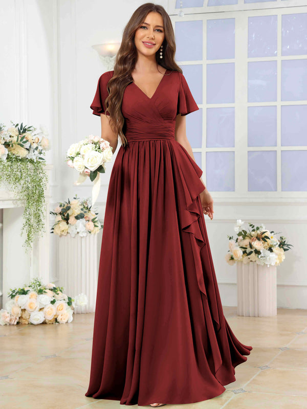 A-Line V-Neck Slit Pleated Ruffle Chiffon Bridesmaid Dress With Short Sleeves