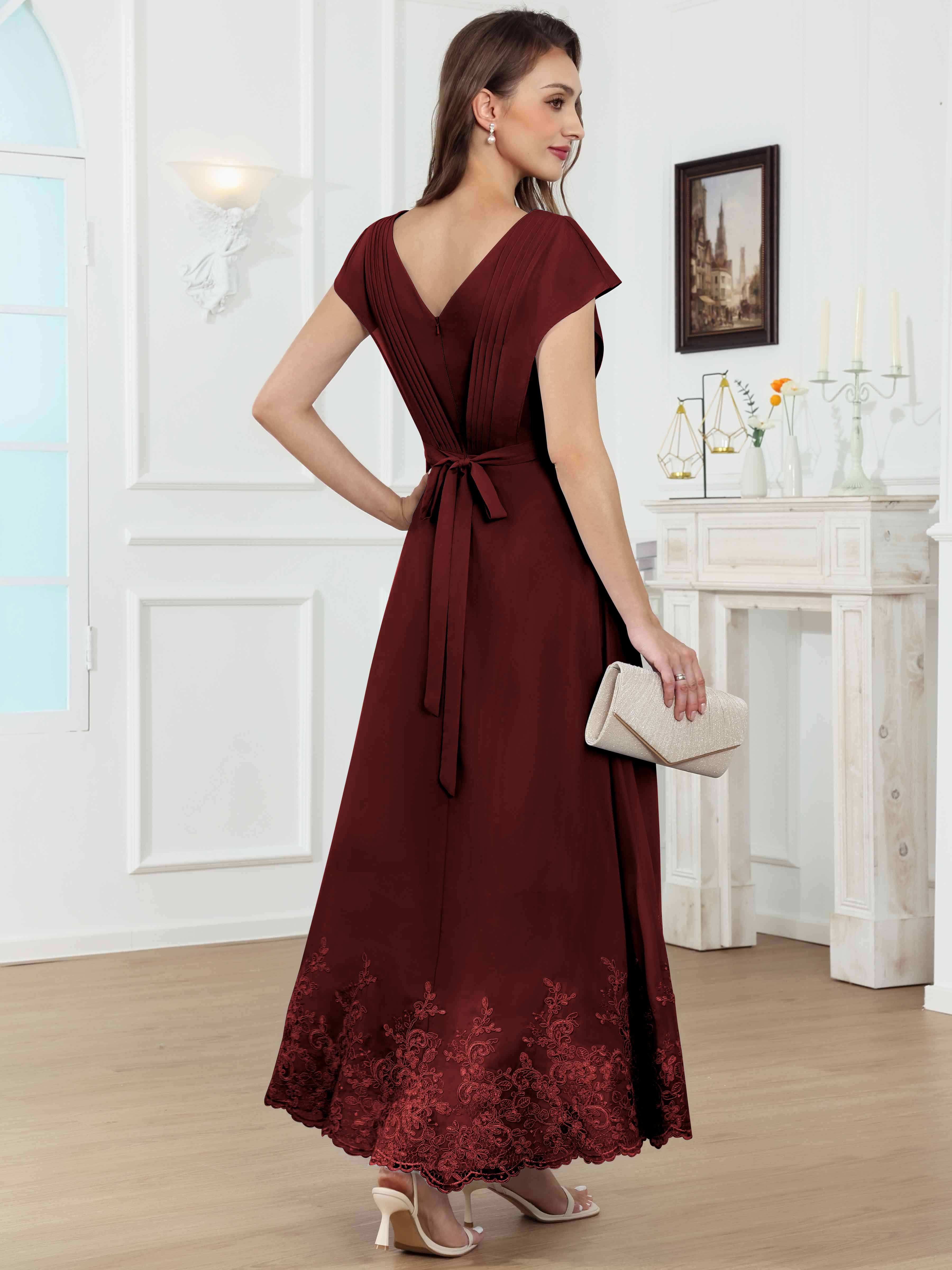 ROVDESY Tea Length High-Low V-Neck Ruched Lace Chiffon Mother of The Bride Dress for Women