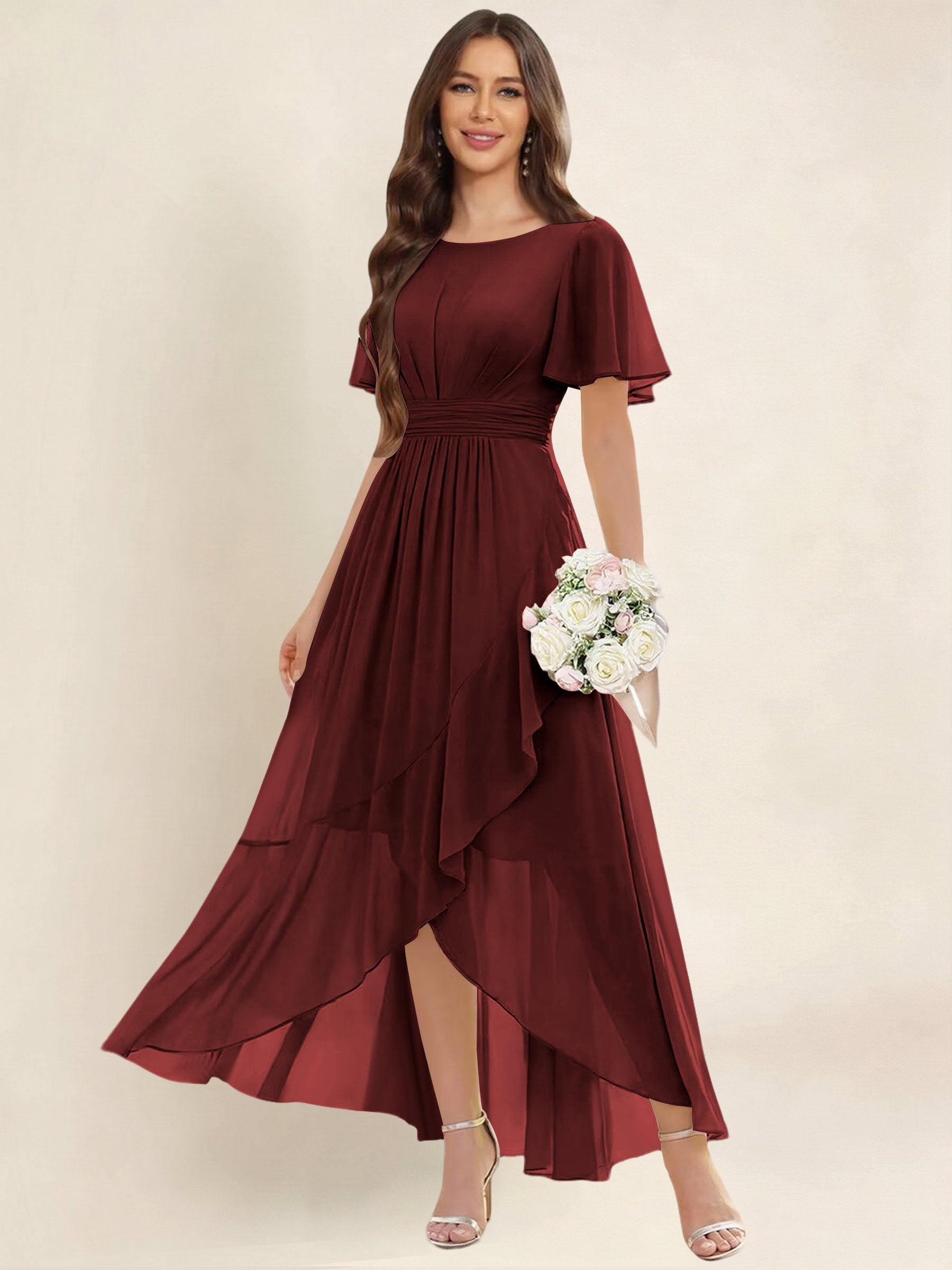 ROVDESY A-Line High Low Round Neck Pleated Ruffle Chiffon Bridesmaid Dress With Short Sleeves