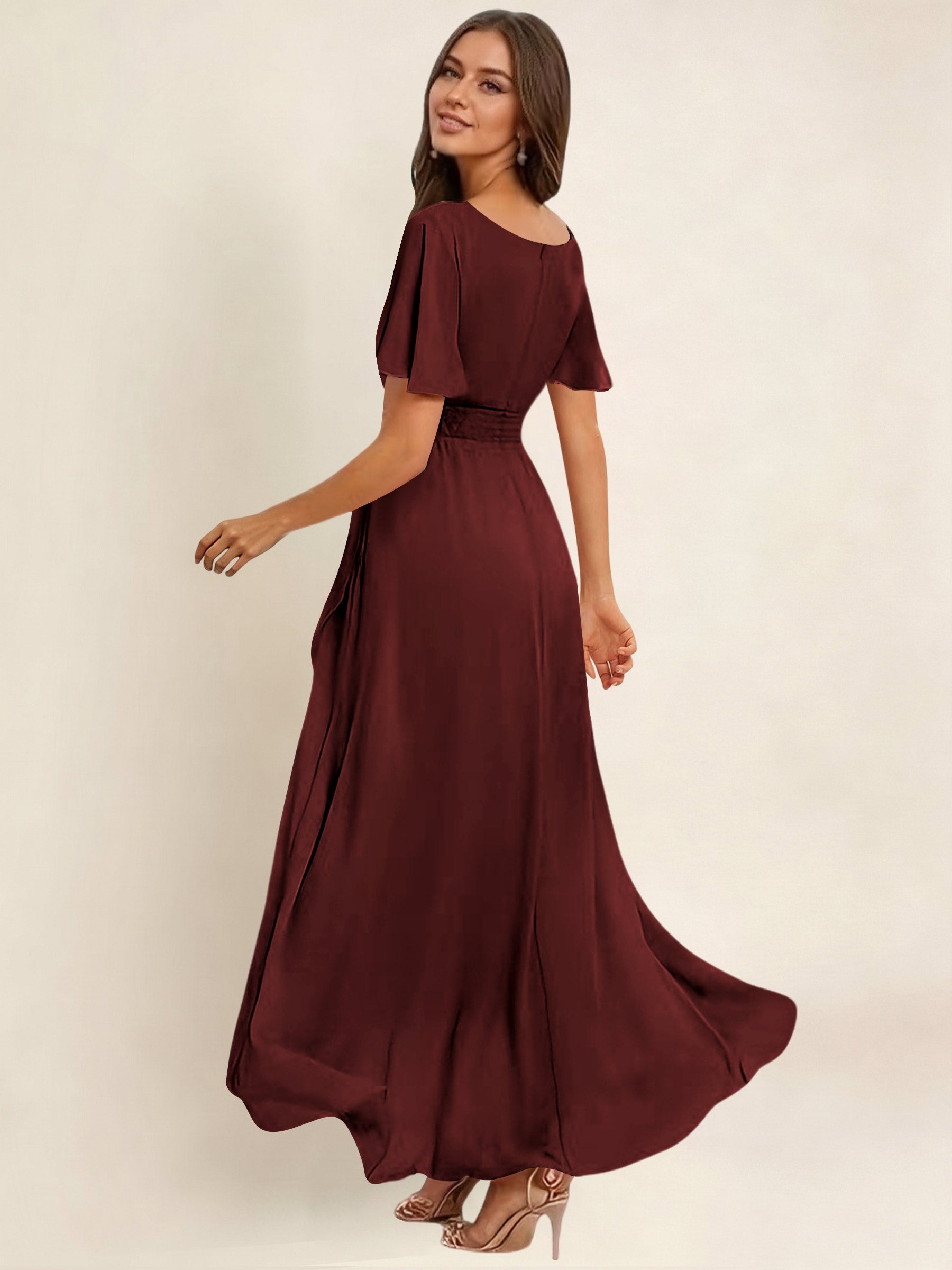 ROVDESY A-Line High Low Round Neck Pleated Ruffle Chiffon Bridesmaid Dress With Short Sleeves