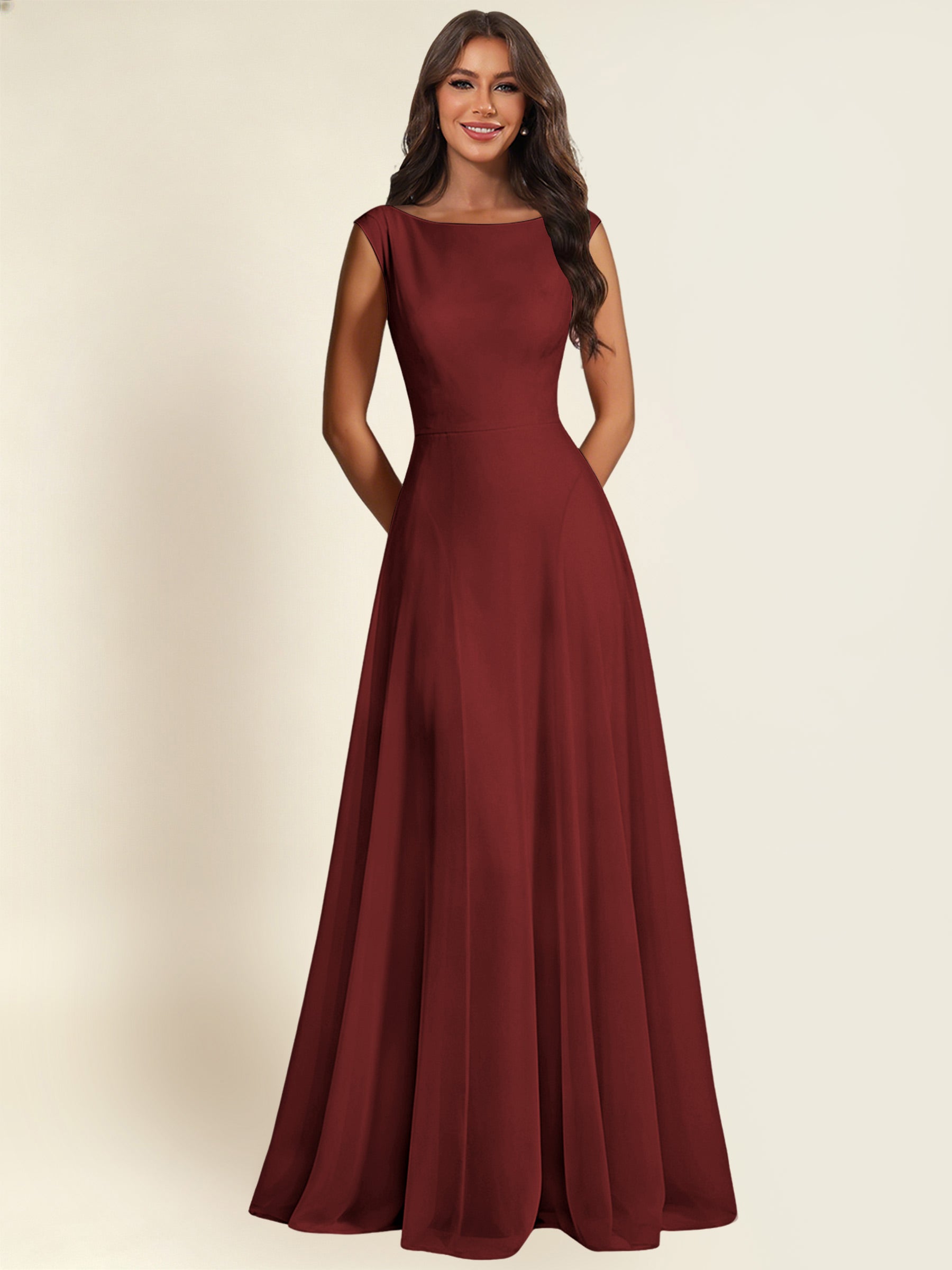 ROVDESY A-Line Chiffon Long Bridesmaid Dress With Sleeveless