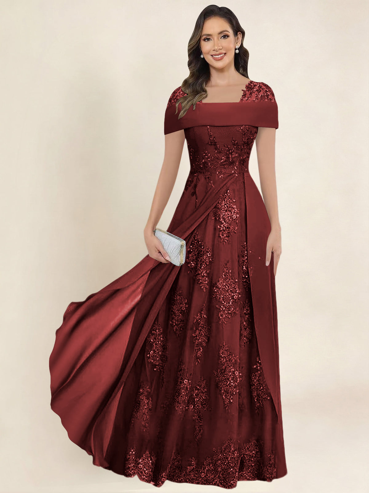 ROVDESY A-Line Off The Shoulder Lace Chiffon Long Mother of the Bride Dress Formal Gown