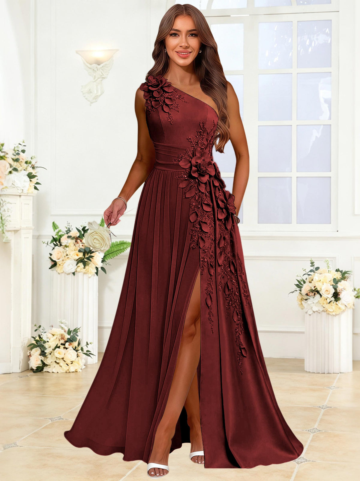 One Shoulder 3D Flower Chiffon Bridesmaid Dress with Slit