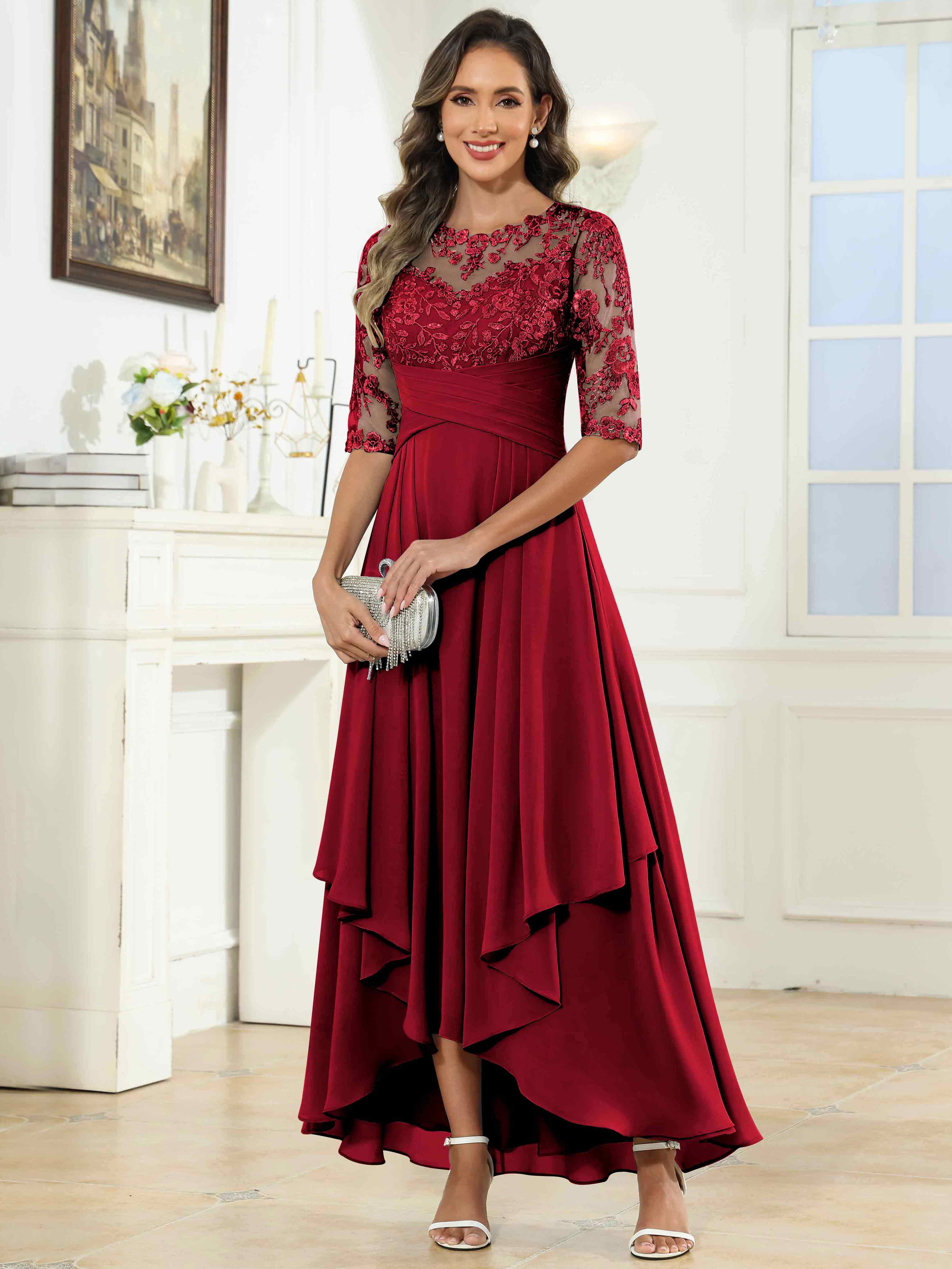 ROVDESY Tea Length A-Line Lace Chiffon Mother Of The Bride Dress With Half Sleeves