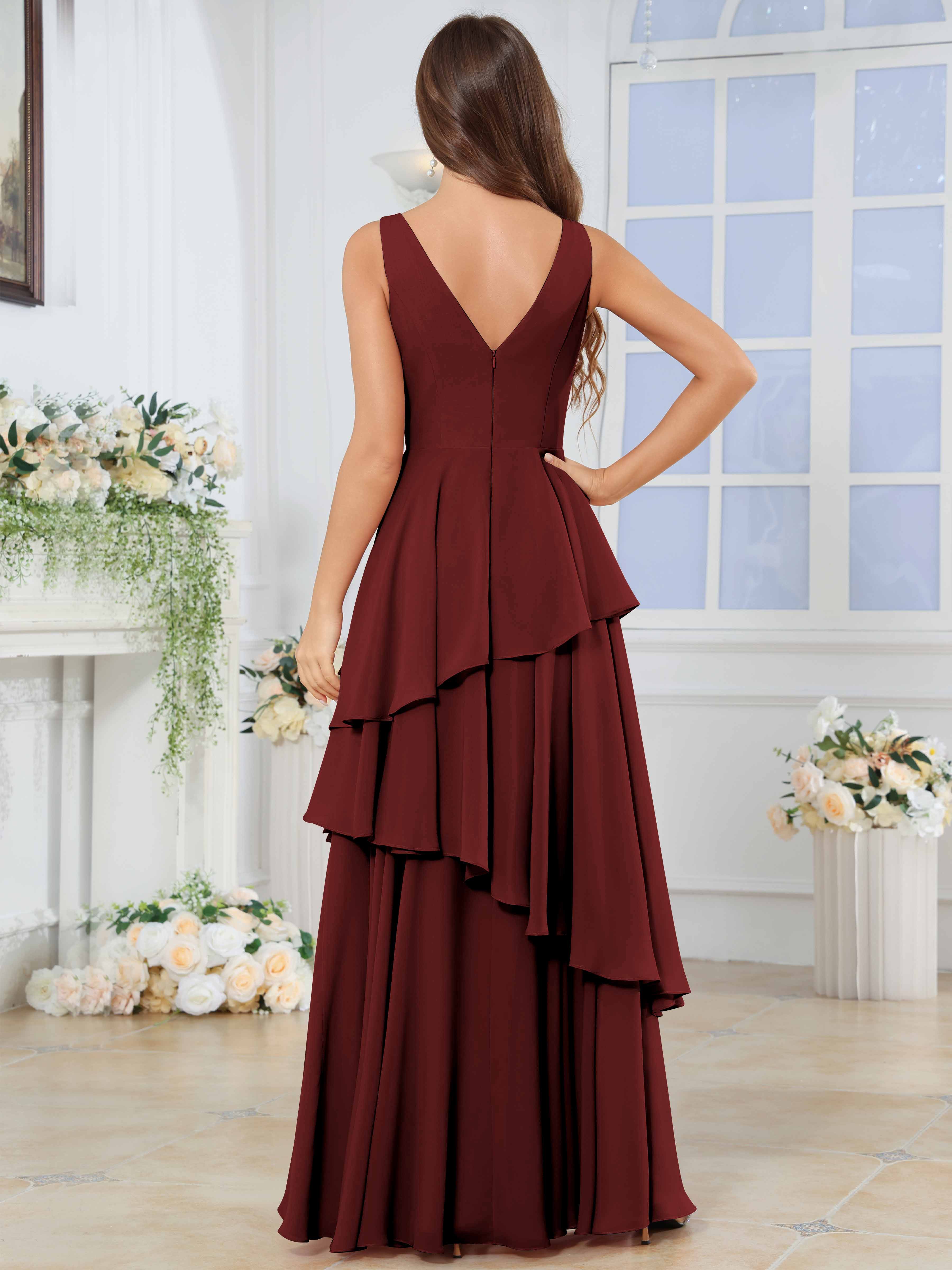 ROVDESY Long Sleeveless V-Neck Tiered Pleated Chiffon Bridesmaid Dress