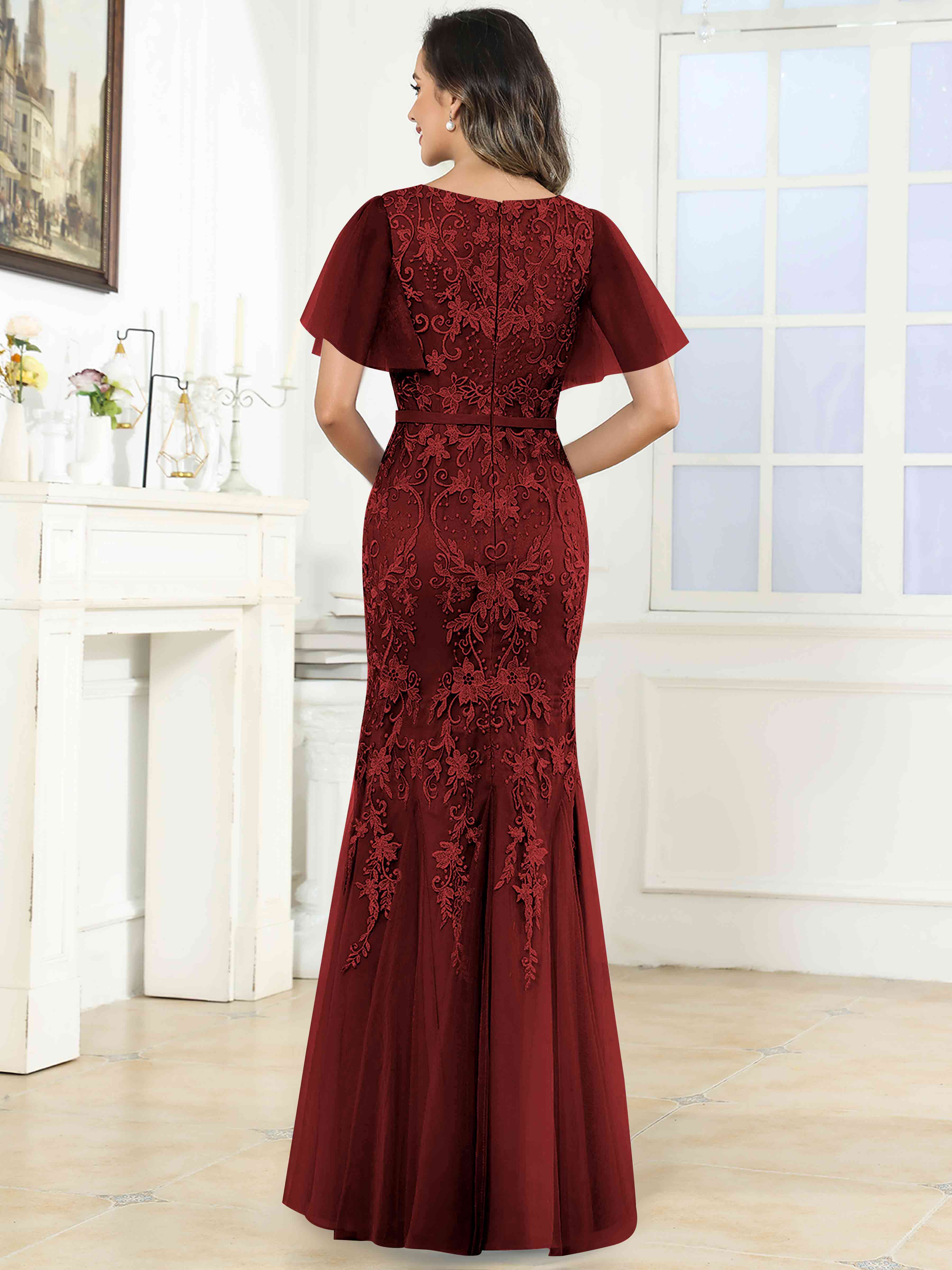 ROVDESY Elegant V-Neck Lace Mermaid Long Mother Of The Bride Dress Formal Gown With Sleeves