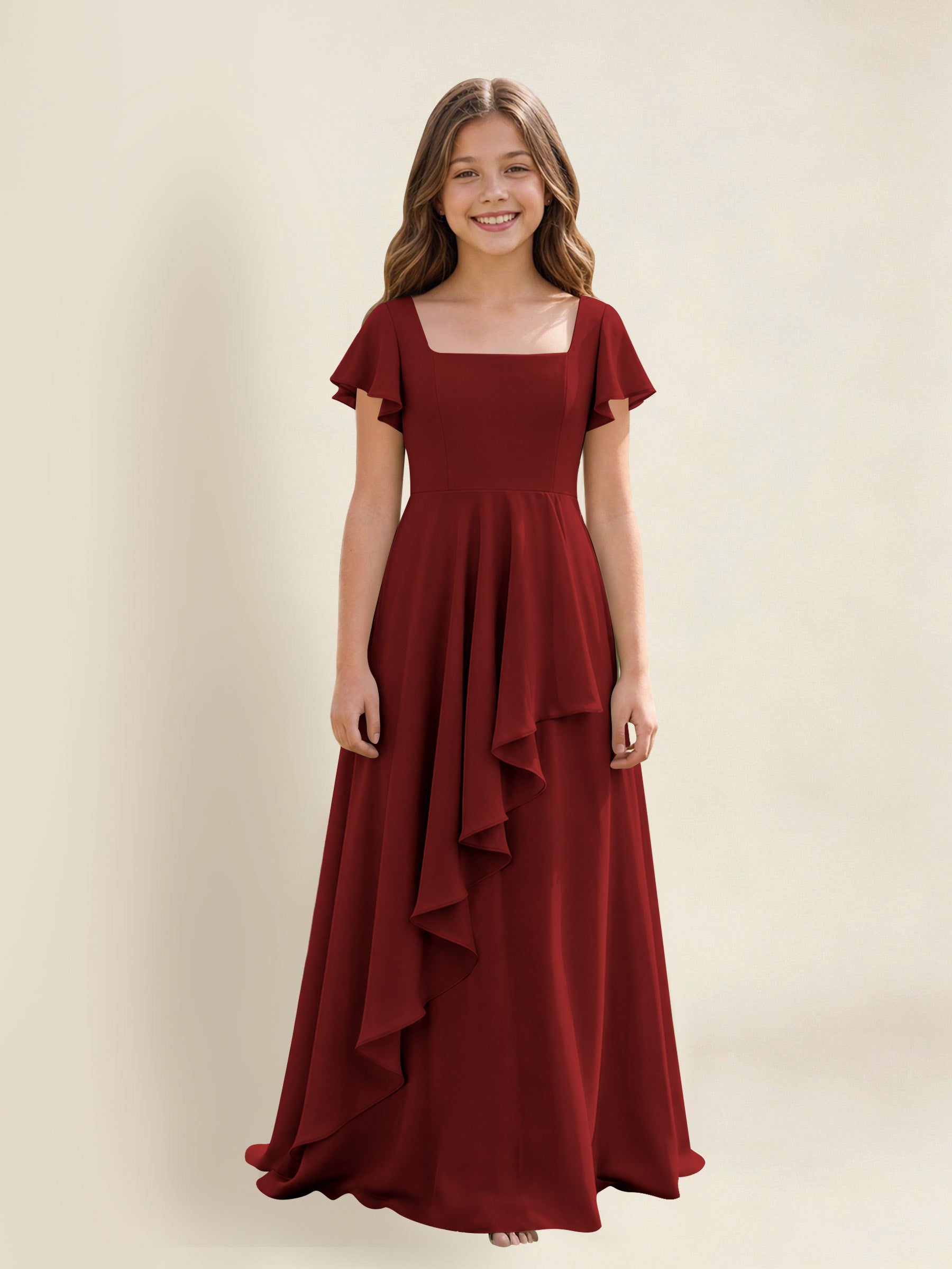 ROVDESY A-Line Square Neck Ruffle Chiffon Junior Bridesmaid Dress With Short Sleeves