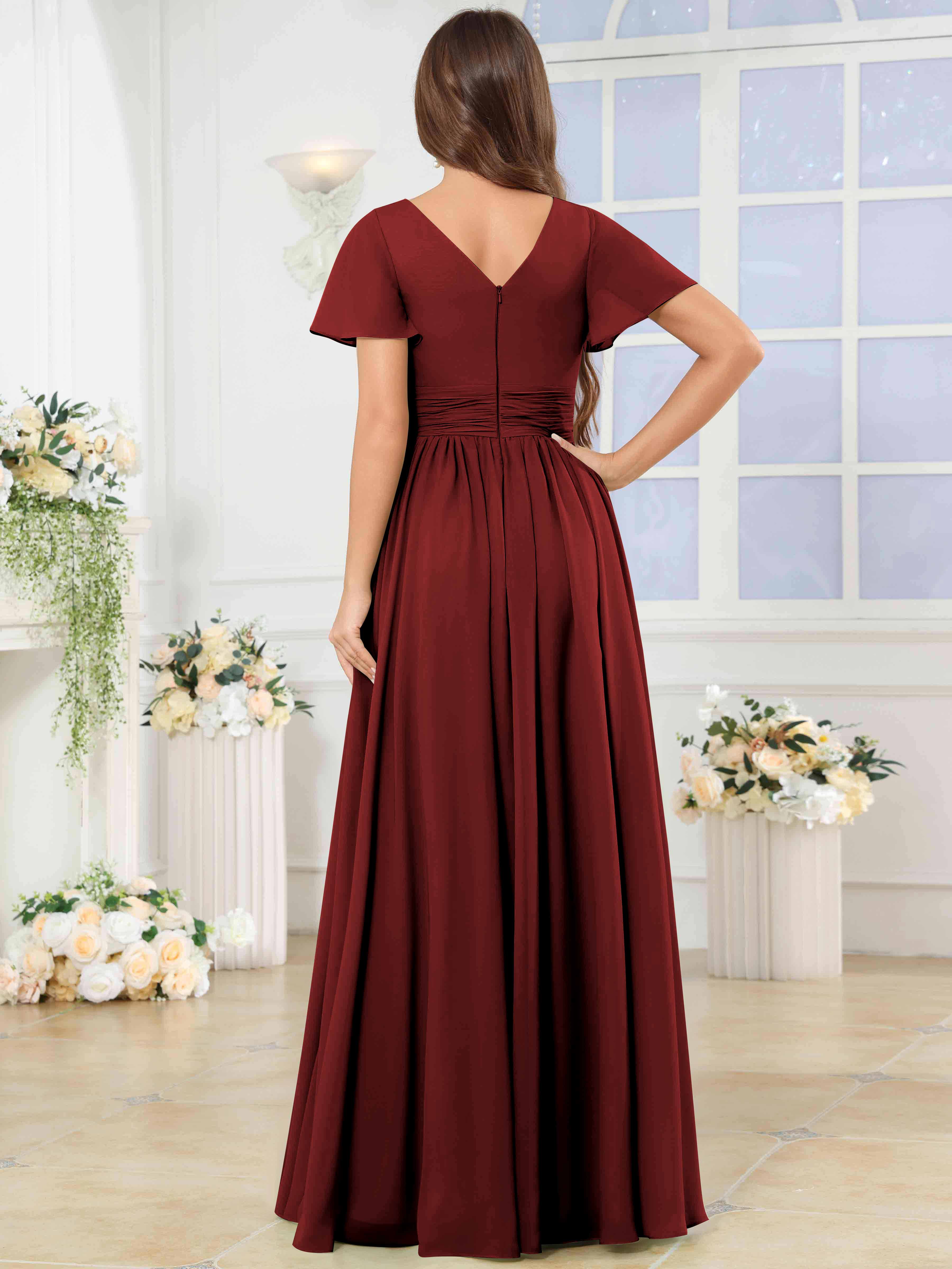 ROVDESY A-Line V-Neck Slit Pleated Ruffle Chiffon Bridesmaid Dress With Short Sleeves