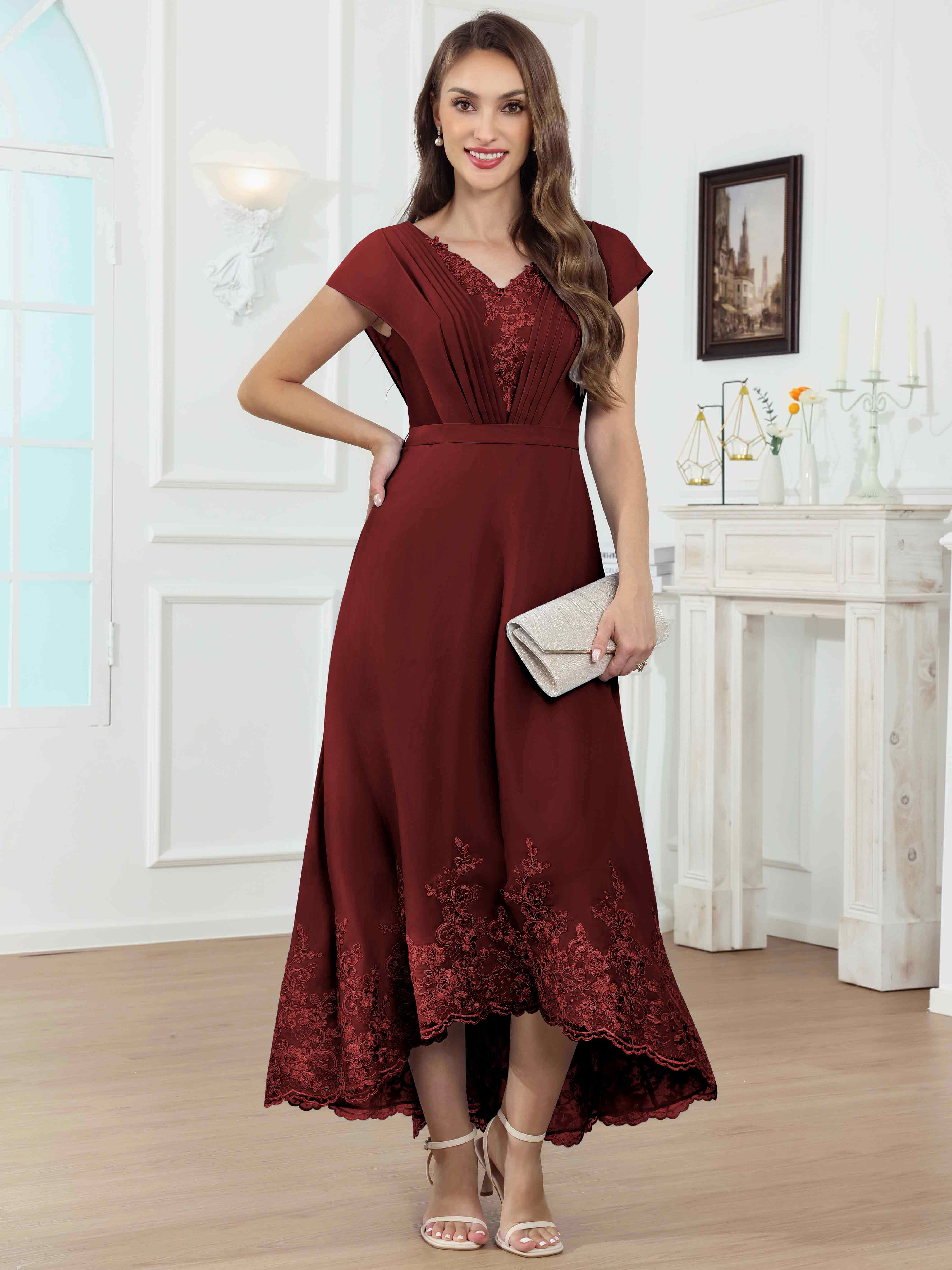 ROVDESY Tea Length High-Low V-Neck Ruched Lace Chiffon Mother of The Bride Dress for Women