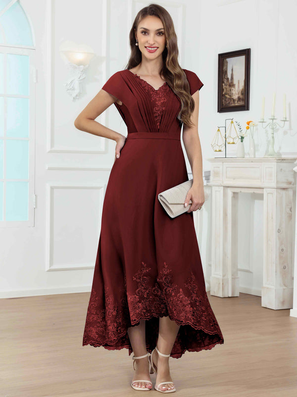 Tea Length High-Low V-Neck Ruched Lace Chiffon Mother of The Bride Dress for Women
