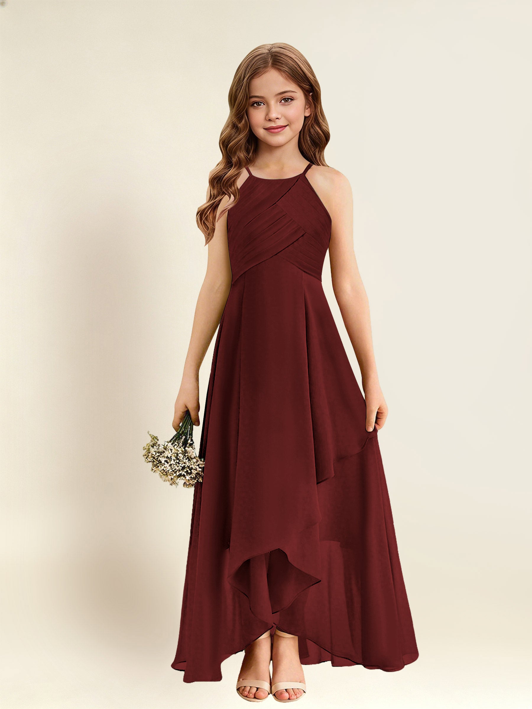ROVDESY A-Line Halter Pleated Chiffon Junior Bridesmaid Dress