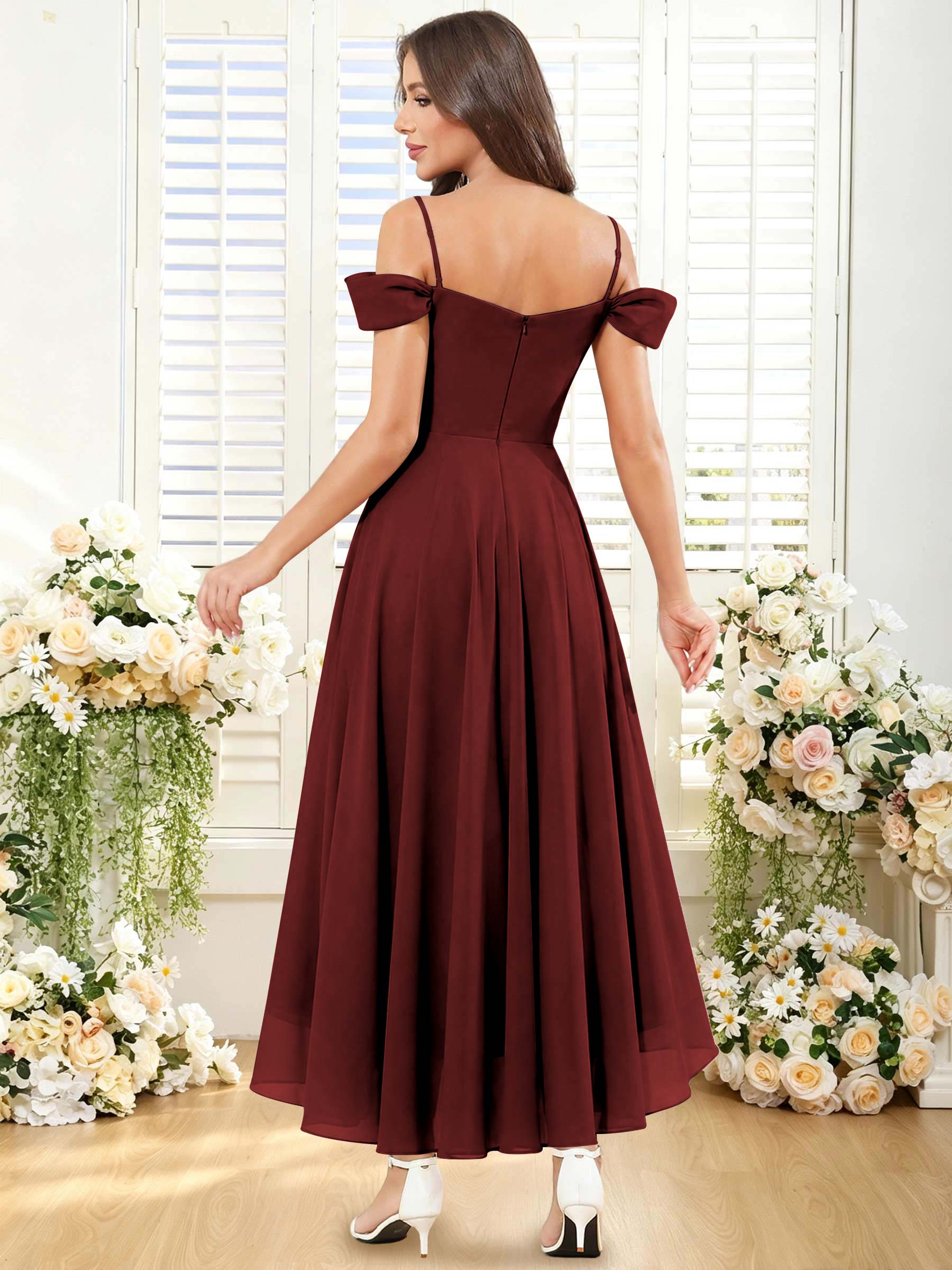 ROVDESY ROVDESY Short Cold Shoulder Sweetheart High Low Pleated Chiffon Bridesmaid Dress