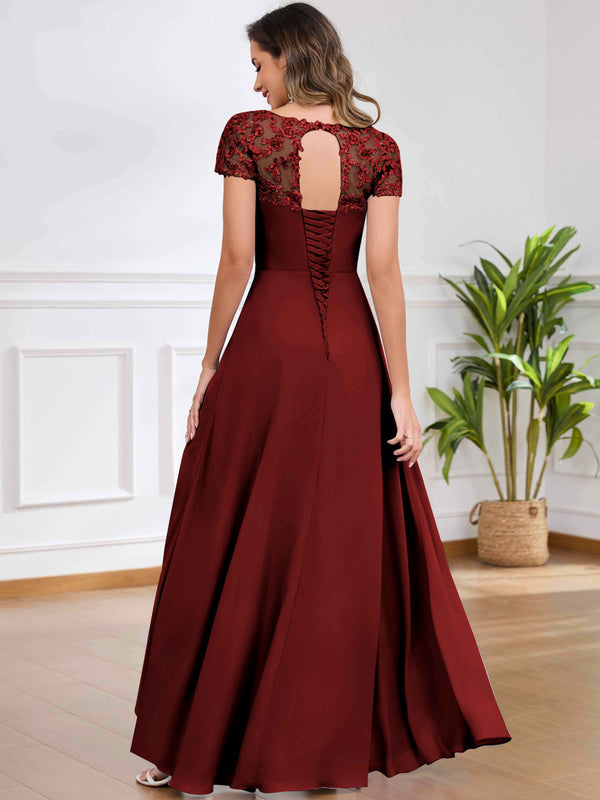 A-Line Pleated Lace Sequin Ruffle Chiffon Mother Of The Bride Dress With Slit