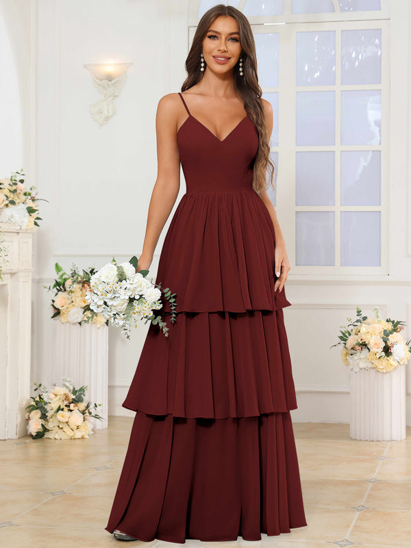 V-Neck Spaghetti Straps Tiered Chiffon Bridesmaid Dress With Ruffles