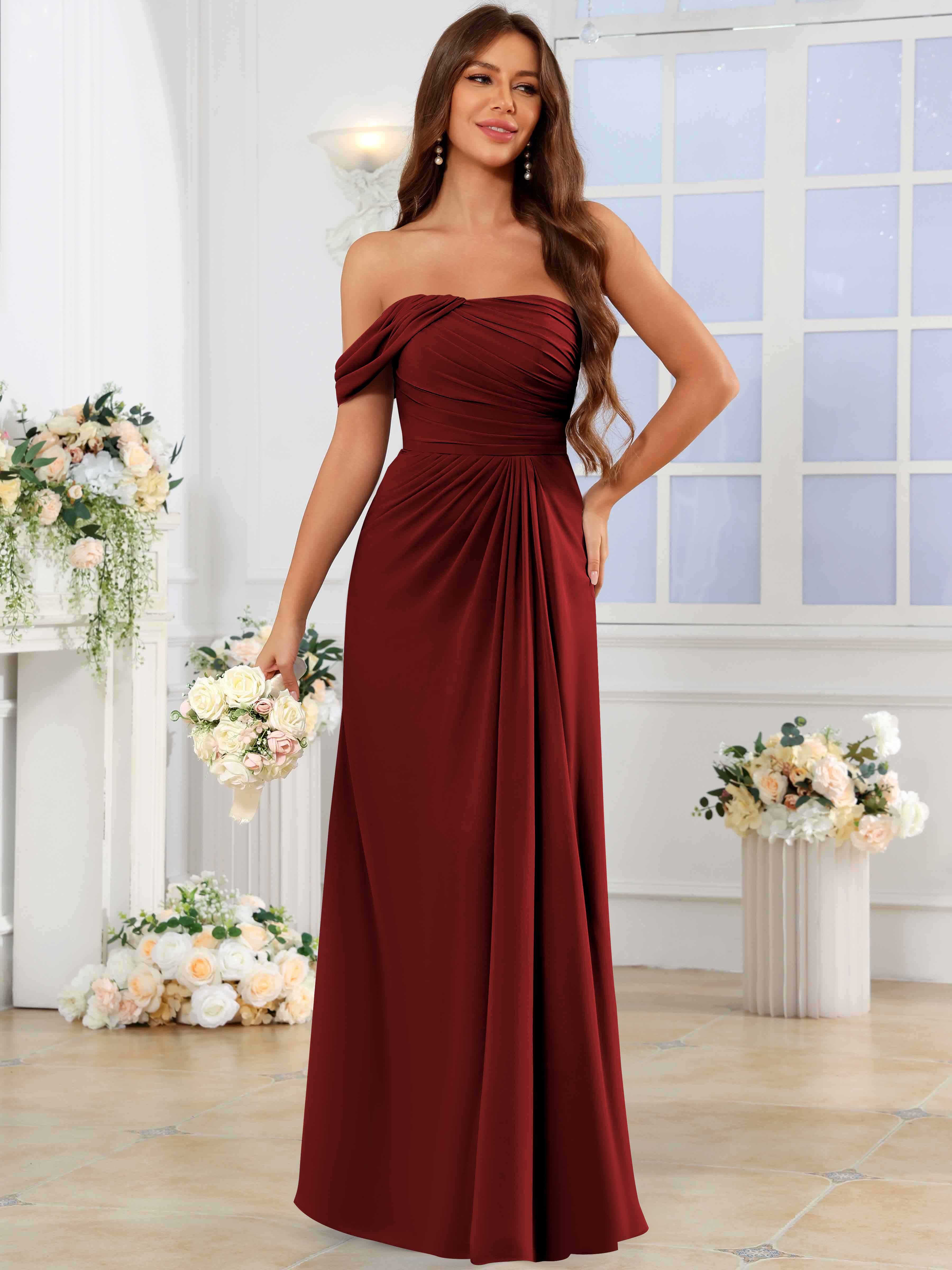ROVDESY One Shoulder Off The Shoulder Pleated Chiffon Bridesmaid Dress